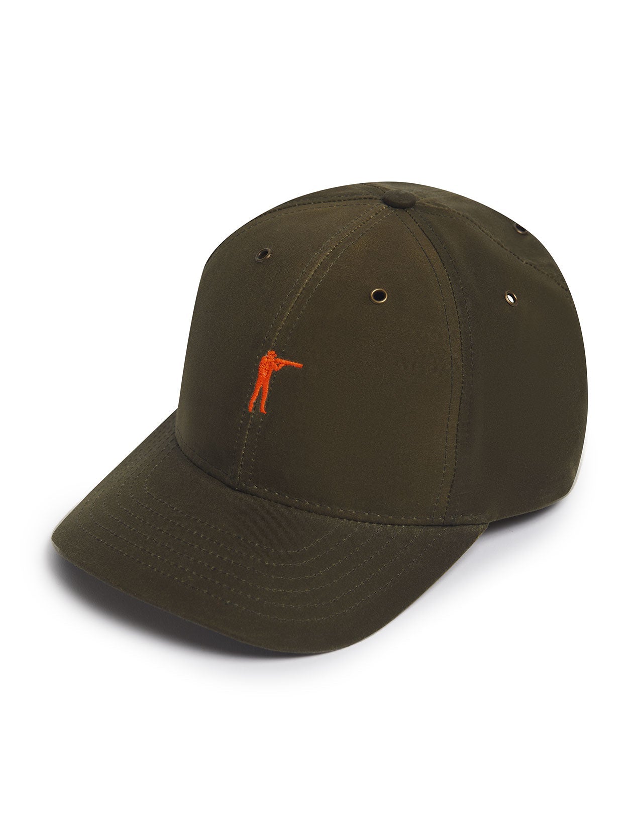 Arthur Field Waxed Cotton Hat in olive green with orange embroidery, combining tradition and durability.