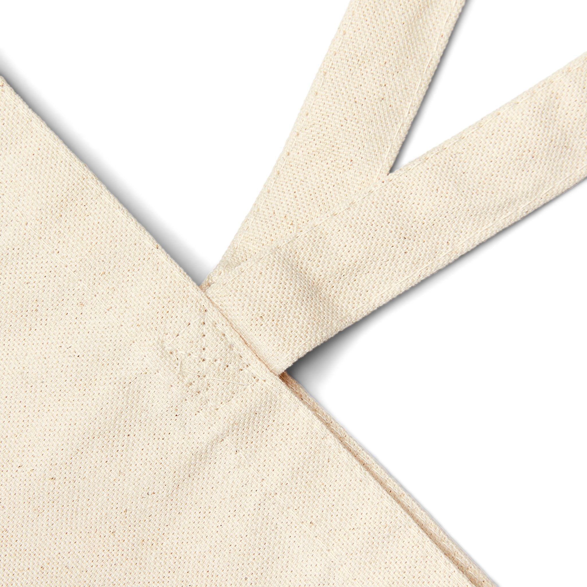Close-up of an old-fashioned grocery tote bag with durable cotton canvas and strong handle attachment.