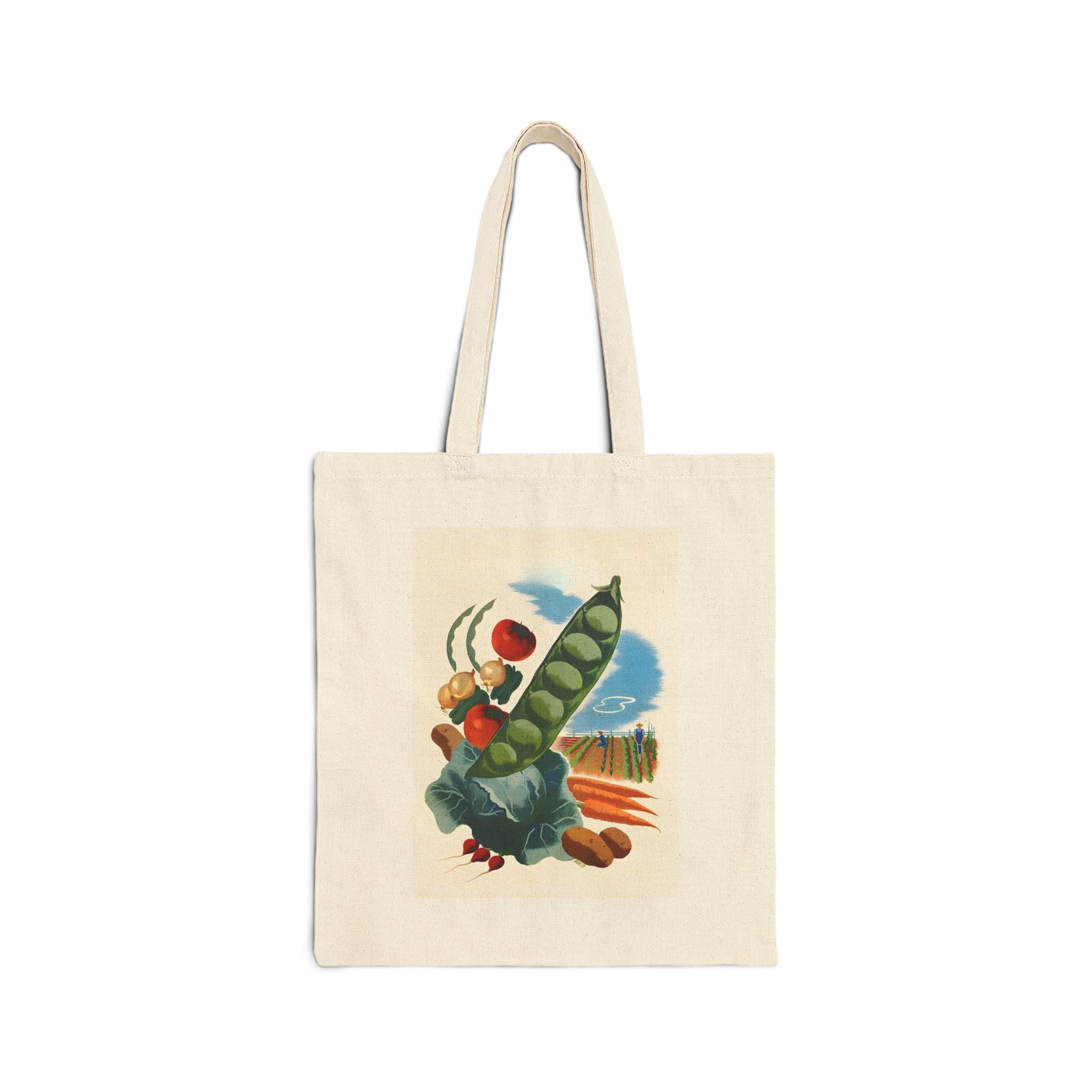 Old-fashioned grocery tote bag featuring colorful vegetable graphics on a natural canvas background.