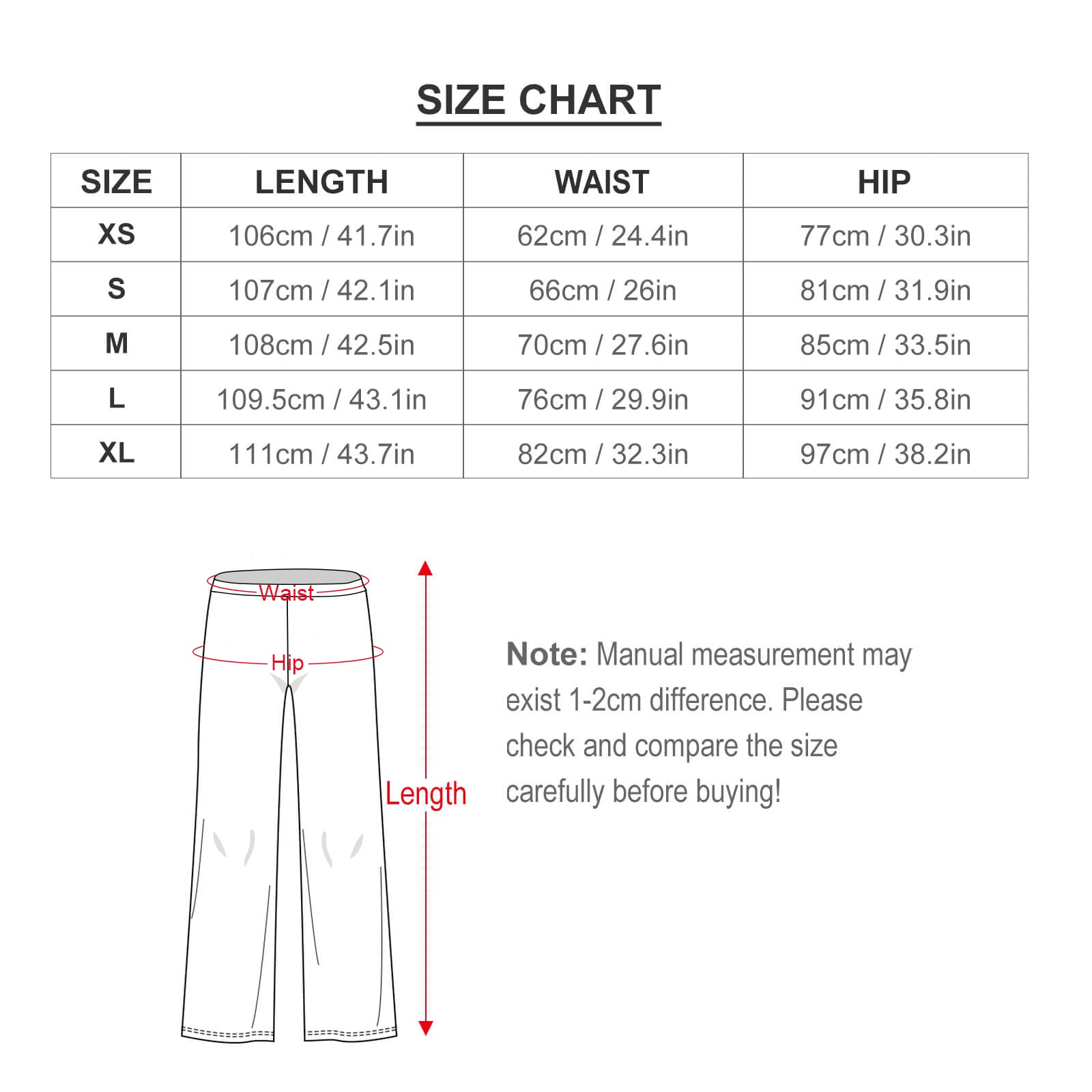 Size chart for Vintage Cowboy Collage Western Flare Pants showing XS to XL measurements for length, waist, and hip.