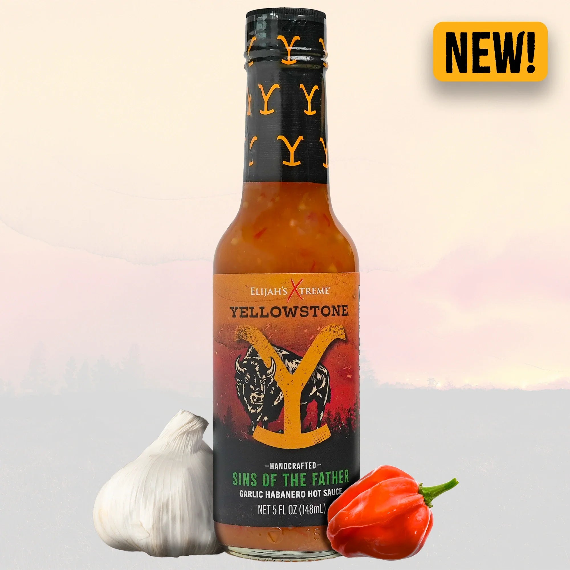 Elijah's Xtreme Yellowstone Sins of the Father hot sauce with garlic and habanero peppers, 5 fl oz bottle, new product.