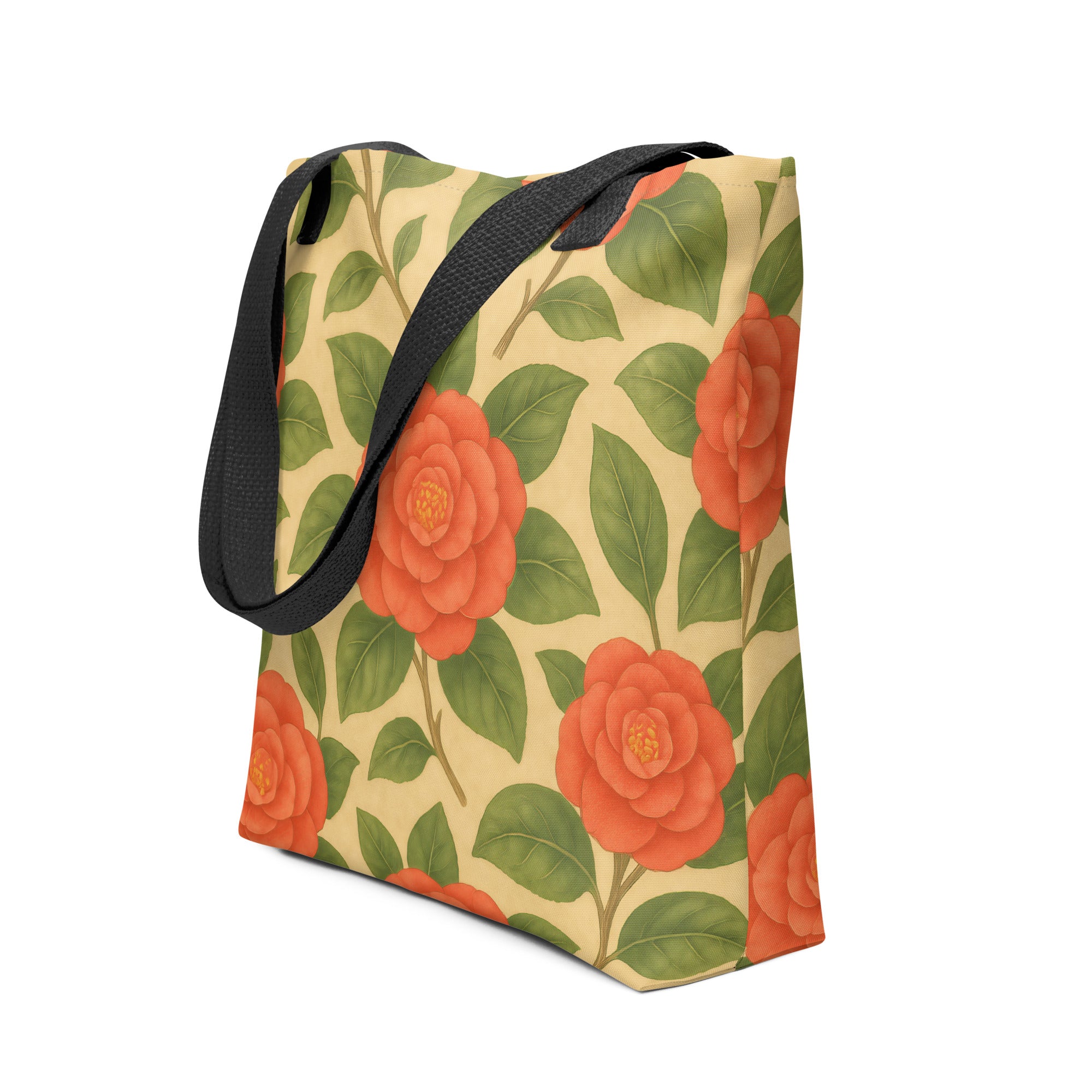Camellia all-over print tote bag with vibrant blooms, part of Yallco's Southern Botany Collection.
