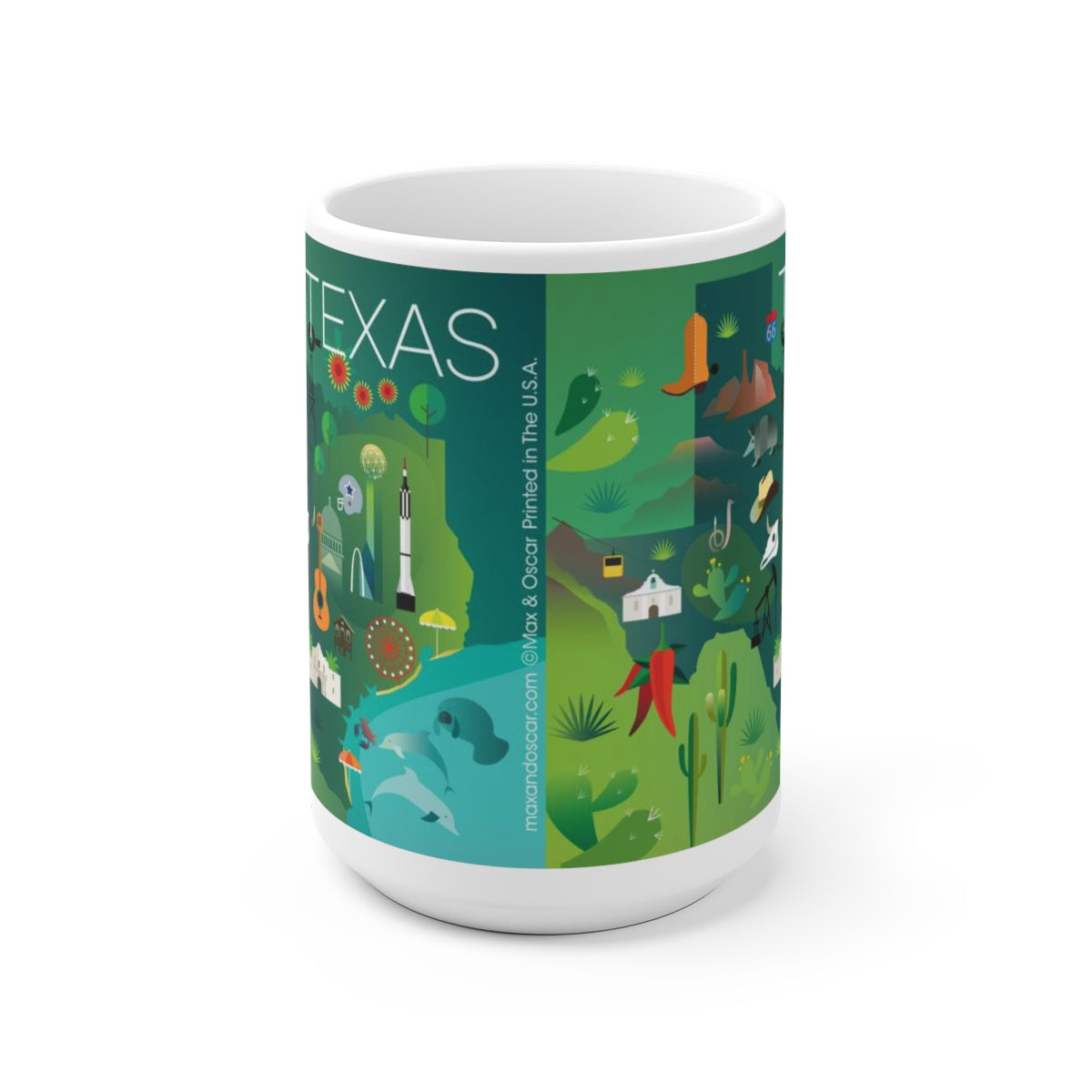 Custom Texas-themed ceramic mug featuring vibrant designs, ideal for hot beverages, available in 11 oz and 15 oz sizes.