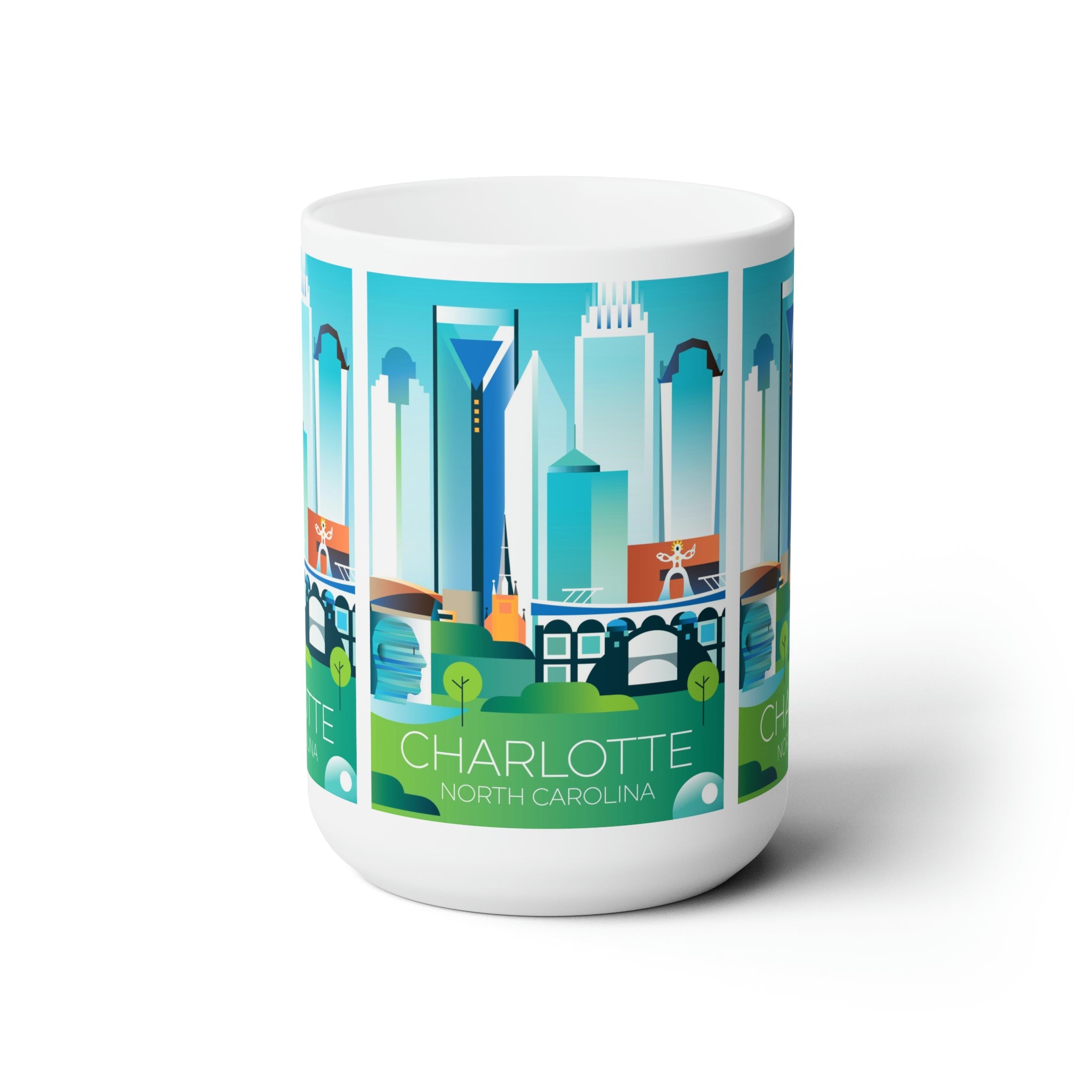 Charlotte ceramic mug showcasing iconic skyline graphics, available in 11 oz and 15 oz sizes for beverage enjoyment.