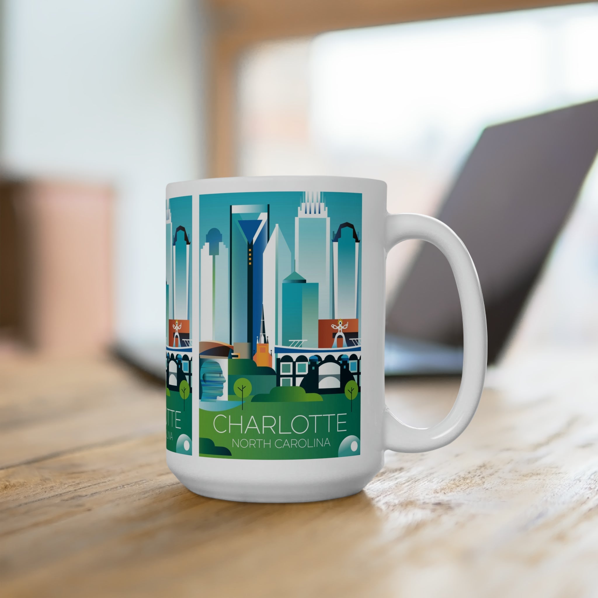 Charlotte Ceramic Mug featuring iconic skyline design, perfect for hot beverages, available in 11 oz and 15 oz sizes.