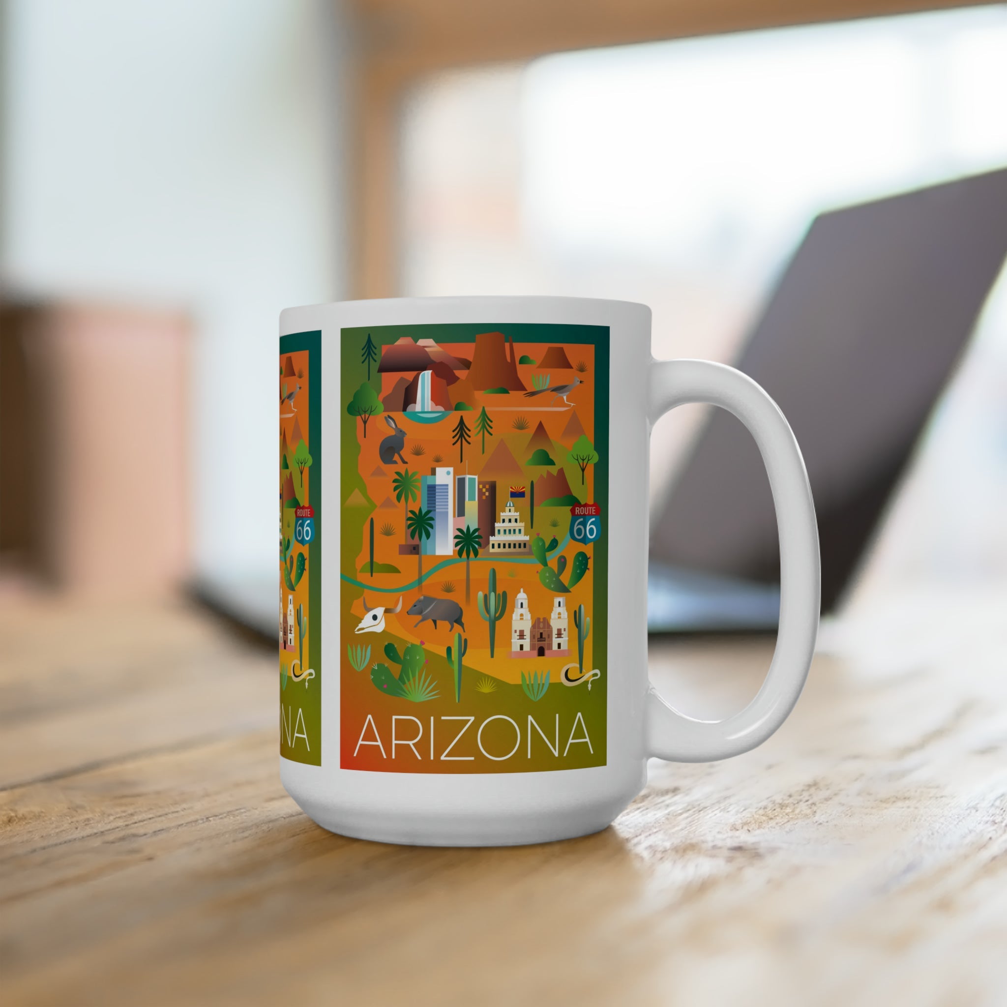 Arizona ceramic mug featuring vibrant illustrations, perfect for hot beverages and as a thoughtful gift.