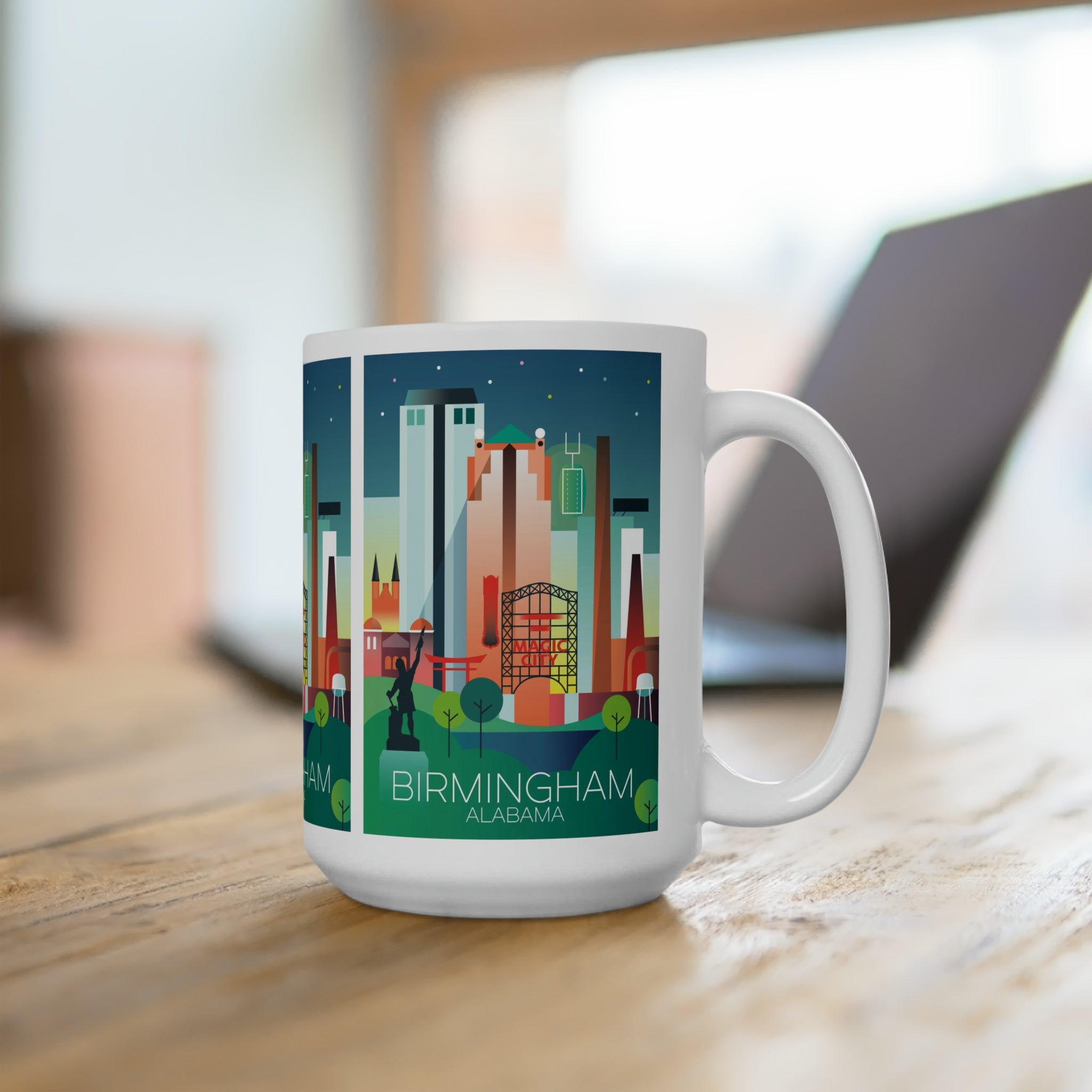 Birmingham ceramic mug featuring iconic city skyline design, perfect for hot beverages in stylish 11 oz or 15 oz sizes.