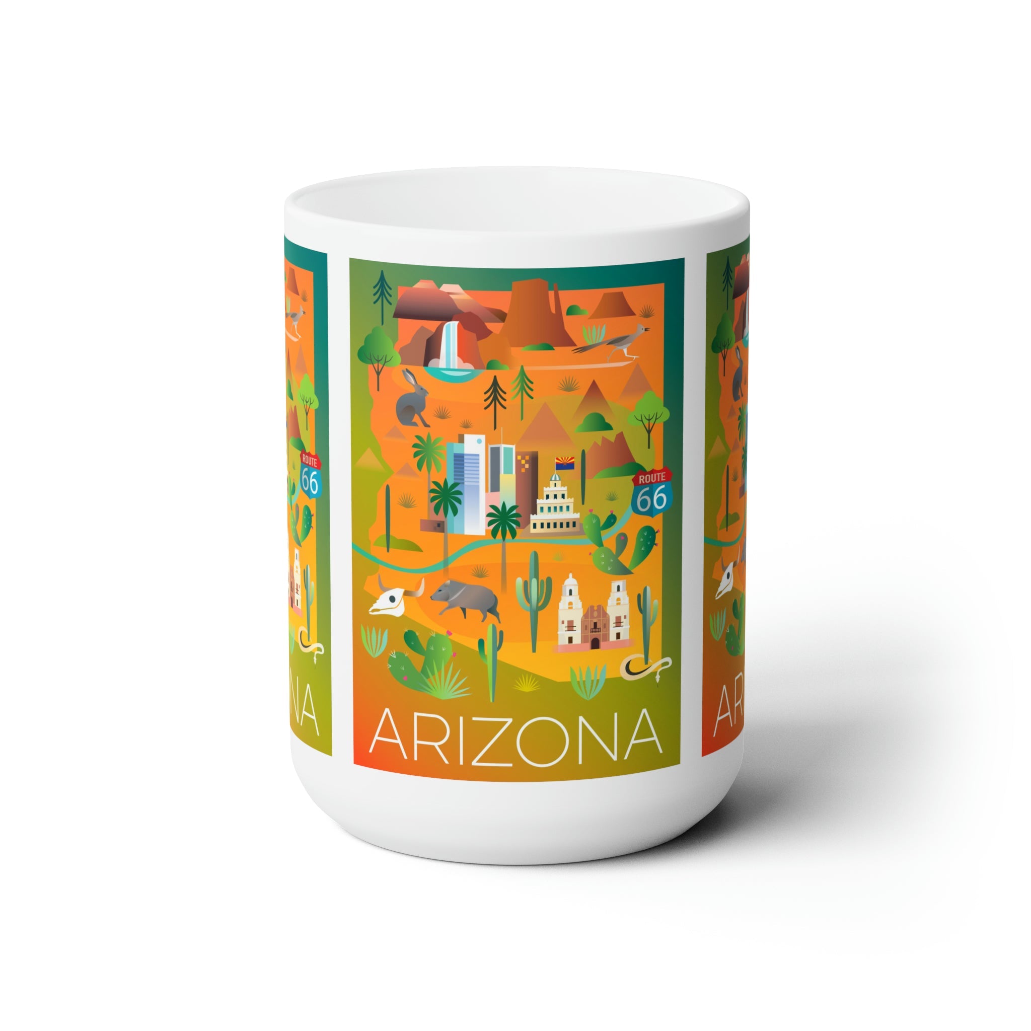 Arizona ceramic mug showcasing vibrant landscape design, perfect for enjoying hot beverages.