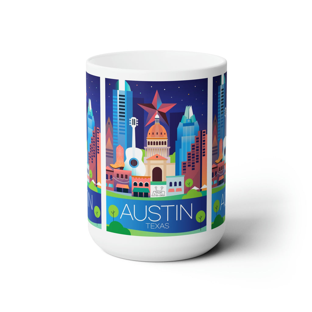 Austin ceramic mug featuring iconic city skyline design, ideal for hot beverages and a great gift for lovers of Texas.