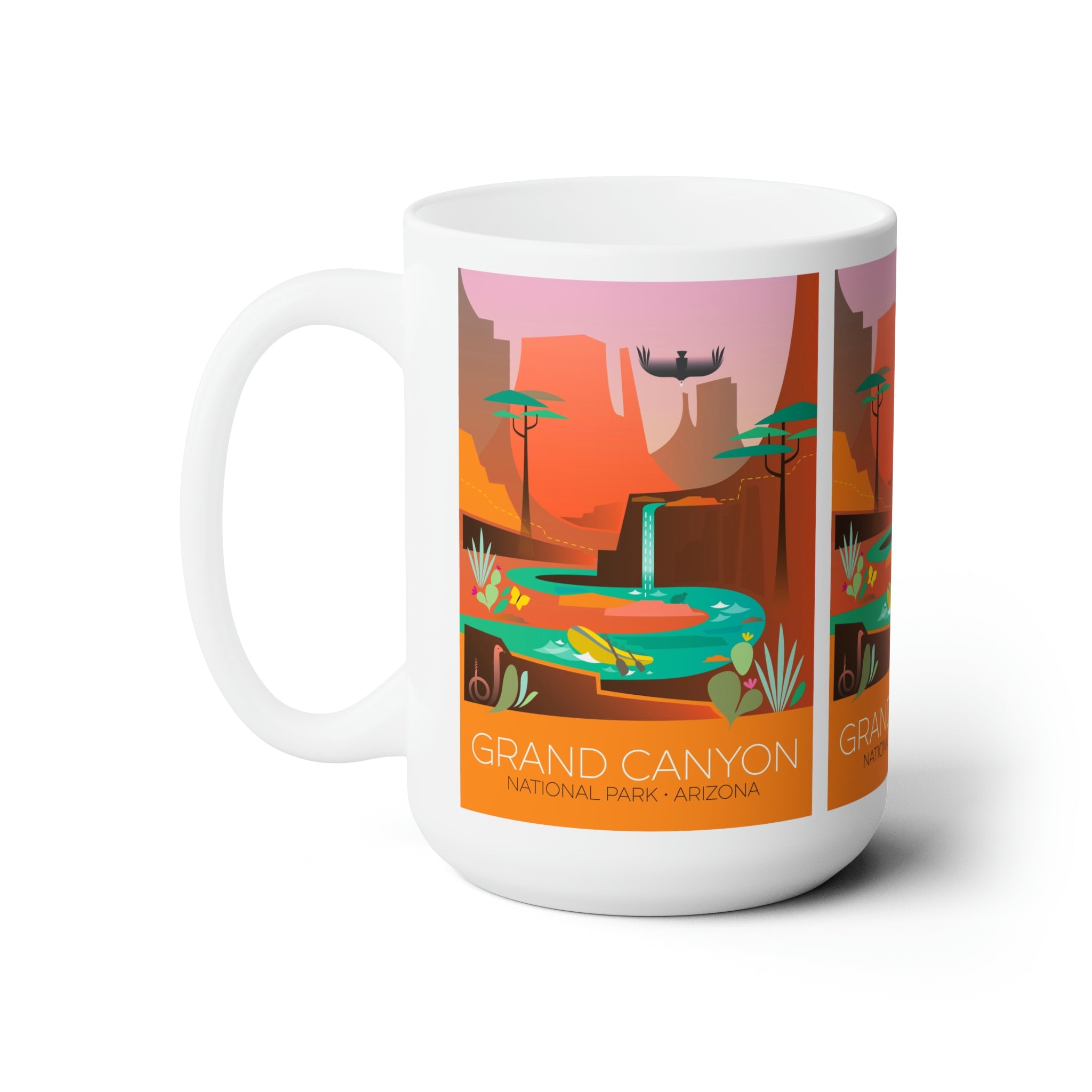 Grand Canyon ceramic mug featuring a vibrant design of the national park, perfect for hot beverages.