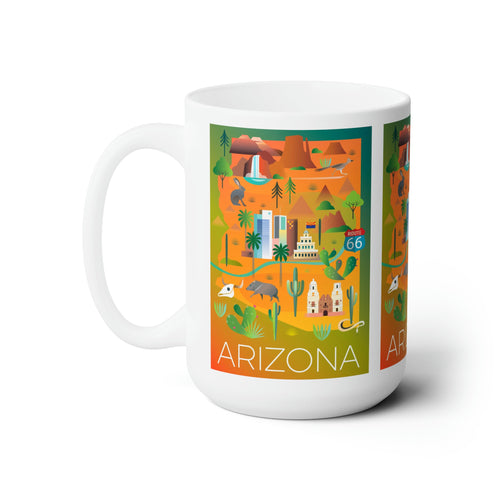 Arizona ceramic mug featuring a vibrant design with scenic landscapes, available in 11oz and 15oz sizes.