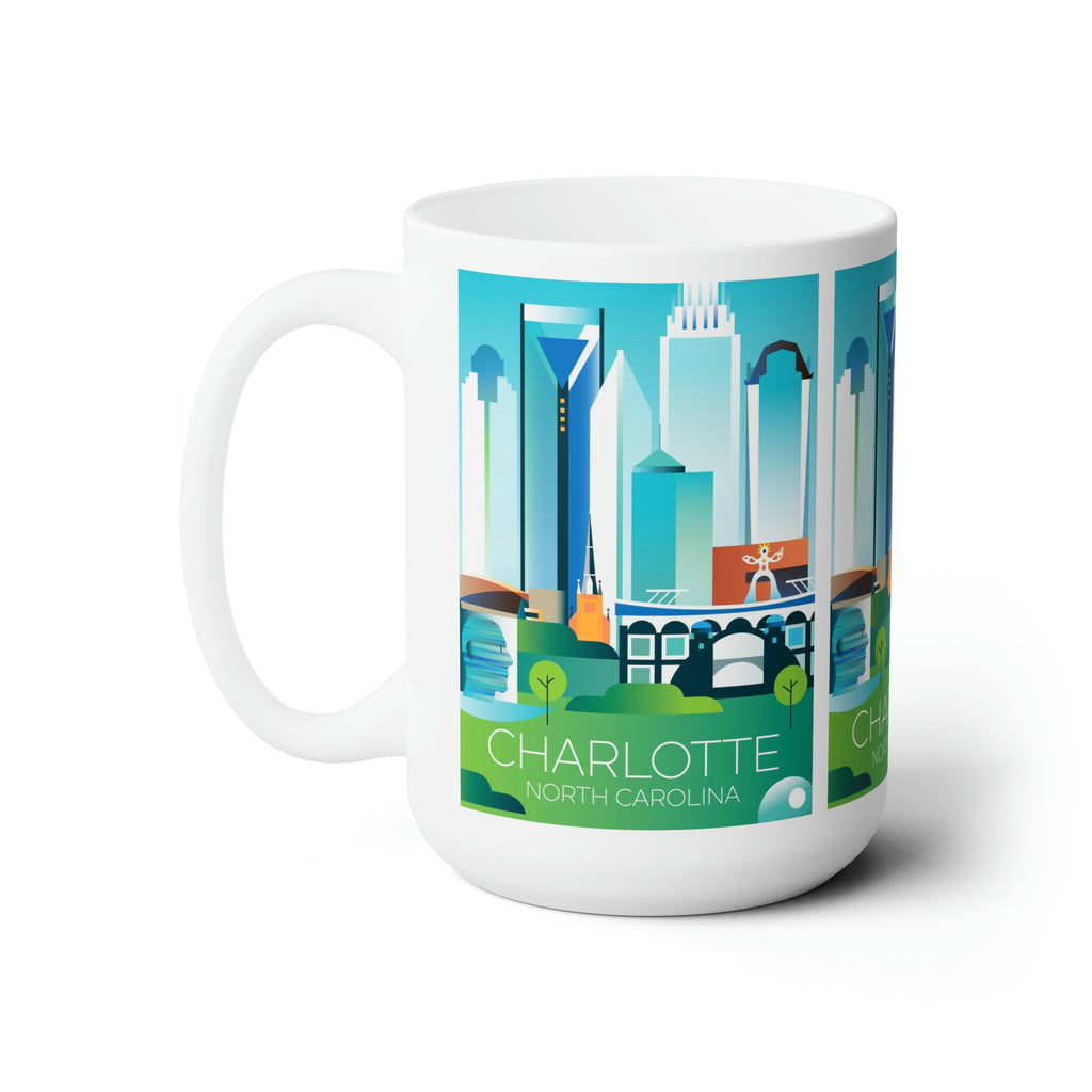 Charlotte NC ceramic mug featuring a colorful city skyline design, perfect for coffee and tea lovers.