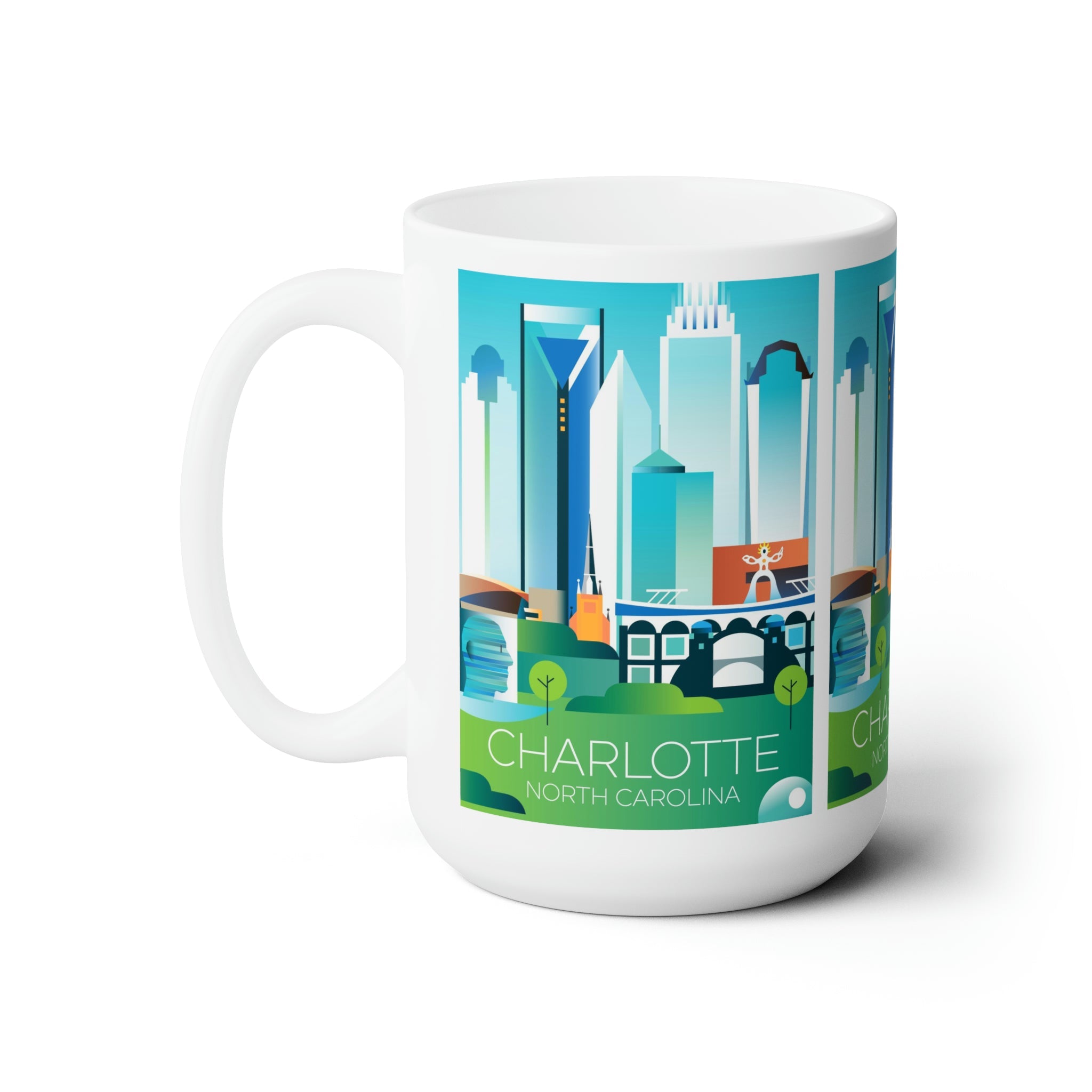 Charlotte NC ceramic mug featuring a colorful city skyline design, perfect for coffee and tea lovers.