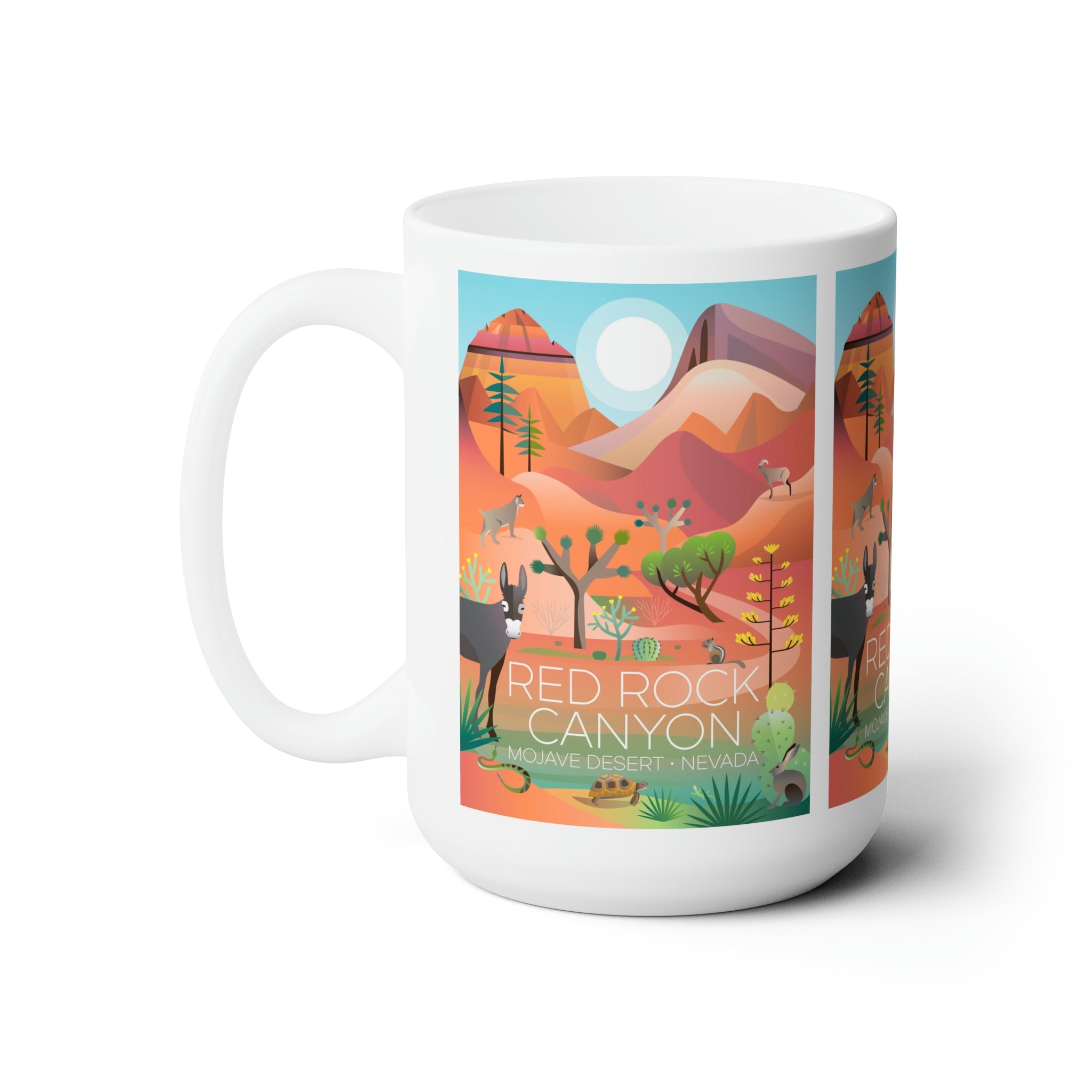 Colorful Red Rock Canyon ceramic mug showcasing Mojave Desert artwork, perfect for hot beverages and gift giving.
