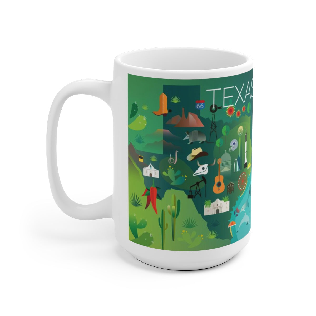 Colorful Texas-themed ceramic mug showcasing iconic symbols and landscapes for hot beverages.