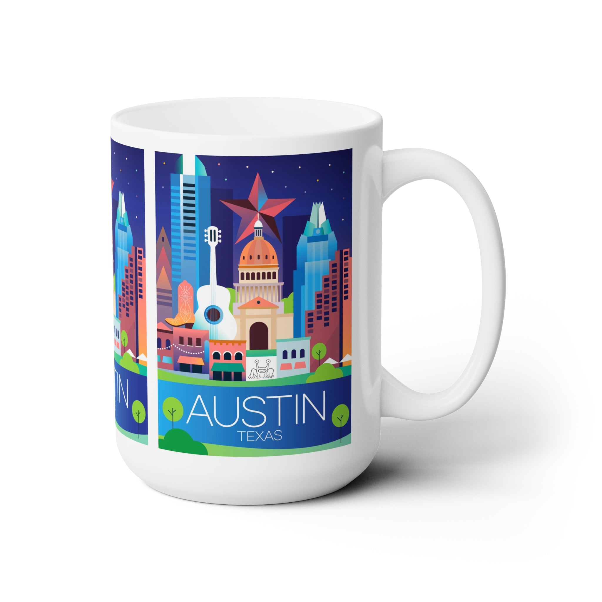Austin Ceramic Mug featuring colorful skyline design, perfect for enjoying hot beverages in style.