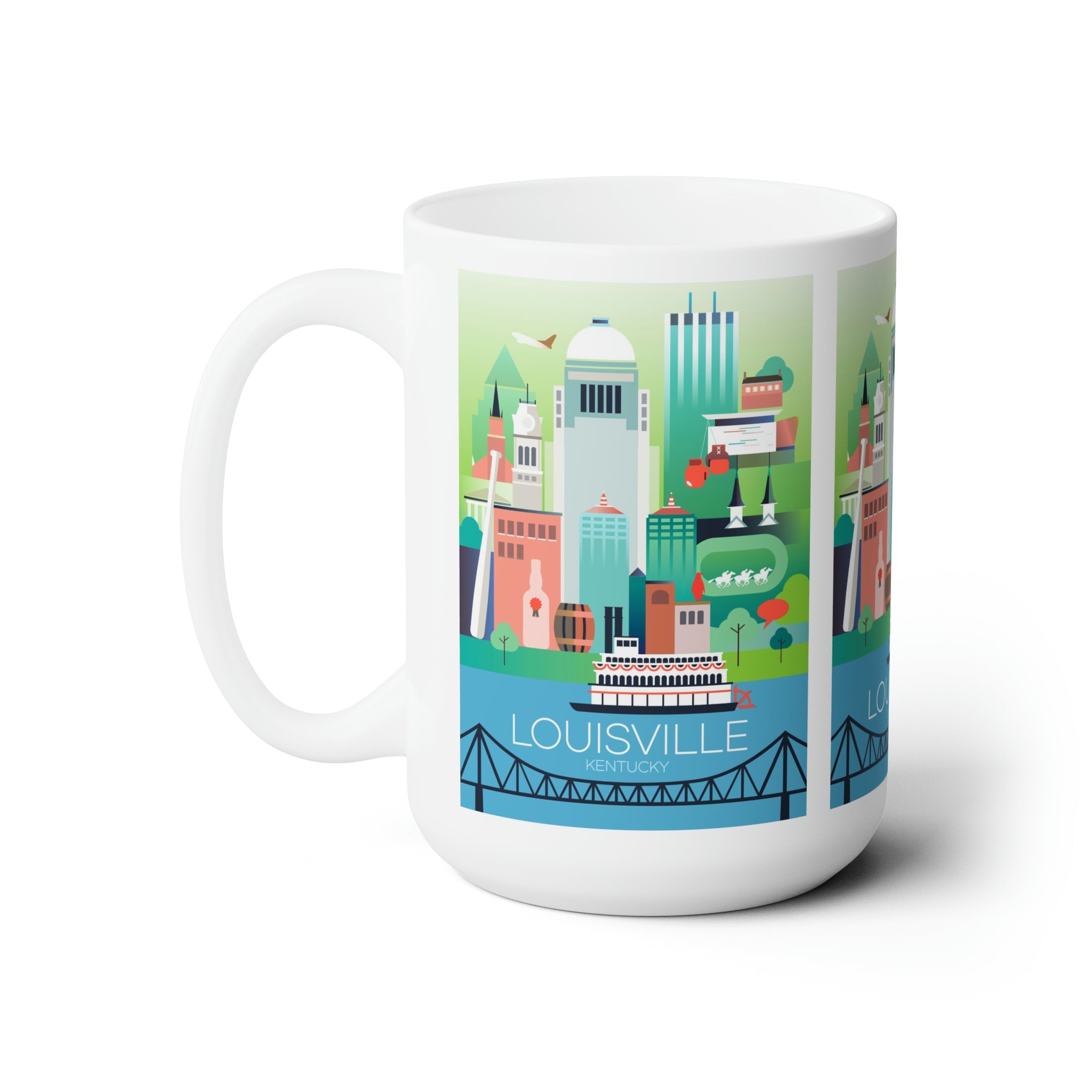 Louisville ceramic mug featuring colorful city skyline design, perfect for sipping hot beverages, 11oz or 15oz sizes.