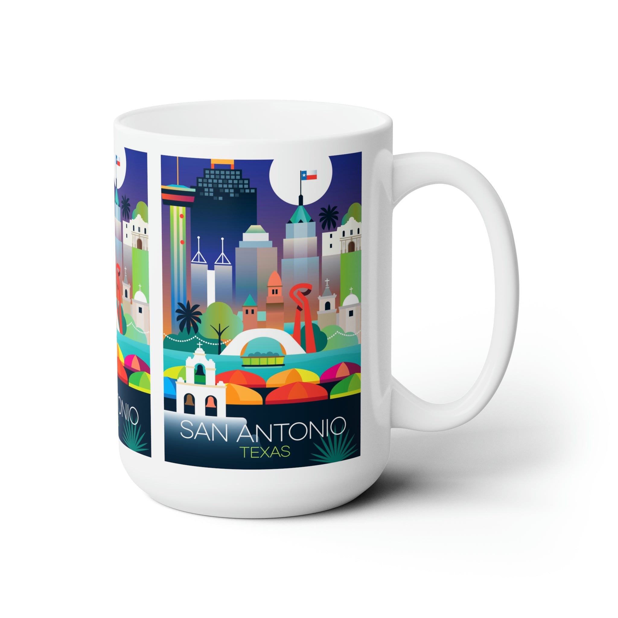 Colorful San Antonio ceramic mug showcasing iconic landmarks, perfect for hot beverages and a unique gift.
