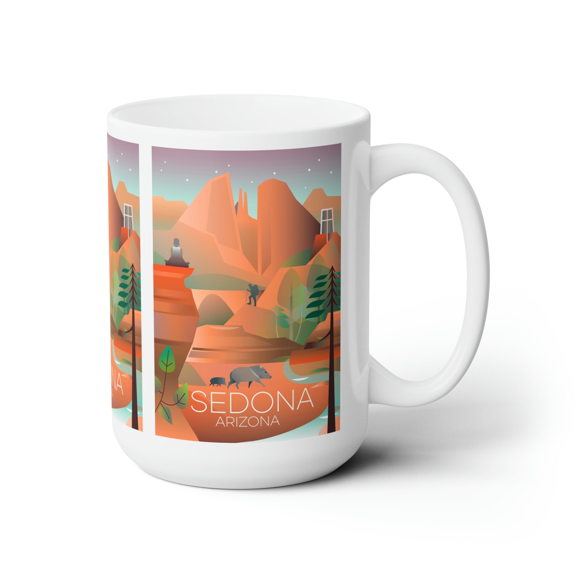 Sedona Ceramic Mug featuring vibrant art of Sedona, Arizona, ideal for hot beverages. Available in 11 oz and 15 oz sizes.