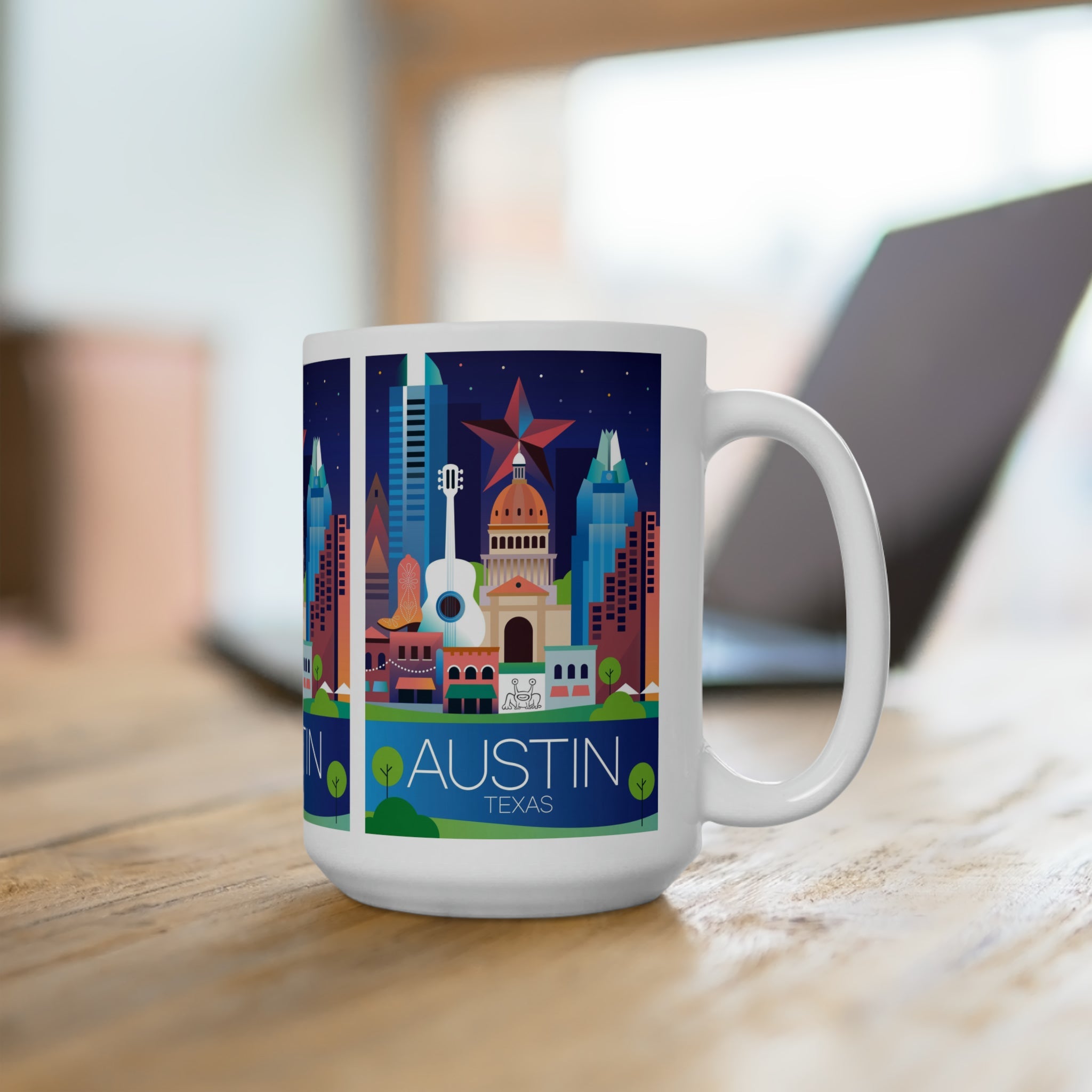 Austin Texas ceramic mug showcasing iconic city skyline design, perfect for enjoying hot beverages.