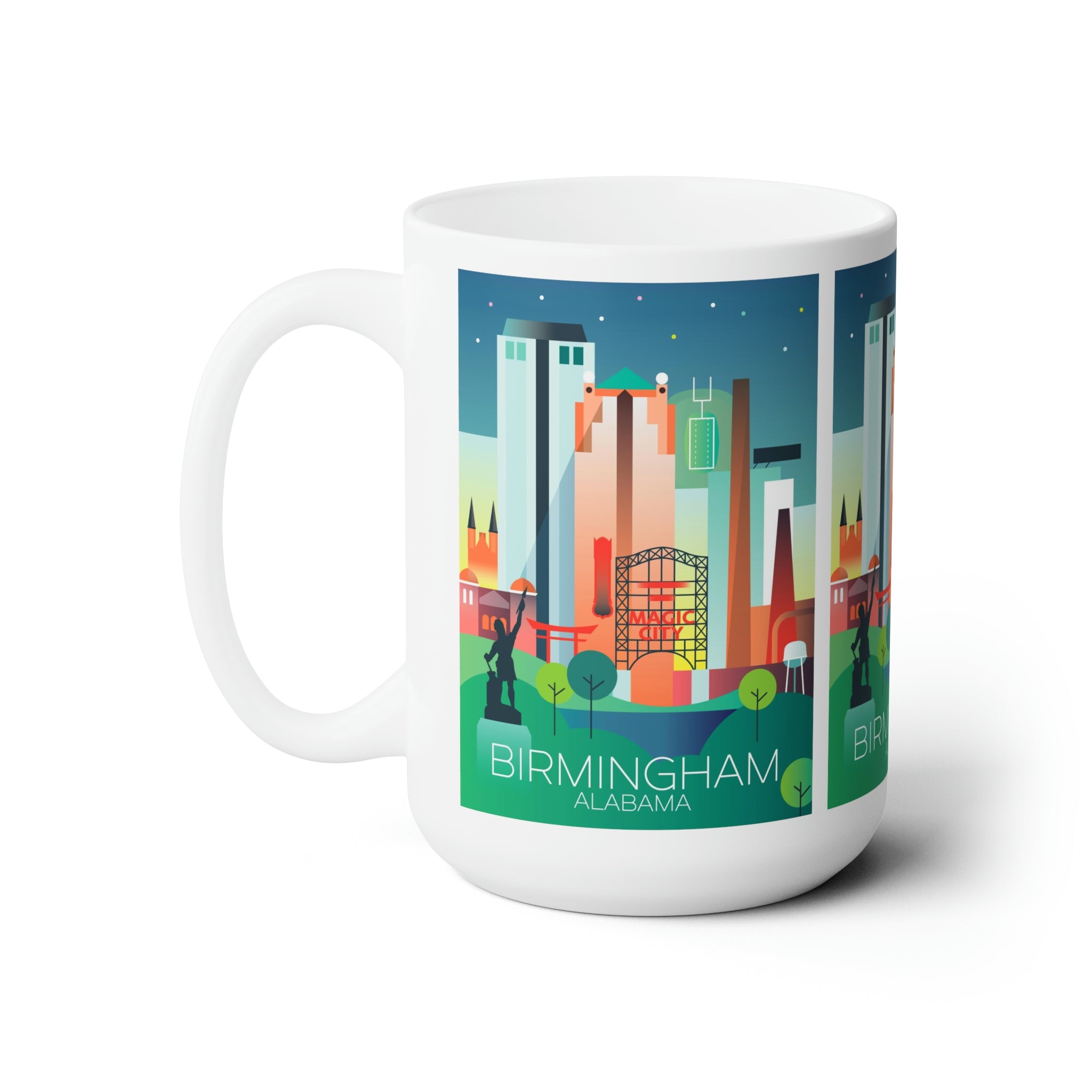 Birmingham Ceramic Mug featuring colorful cityscape design, 11oz or 15oz size, perfect for hot beverages.