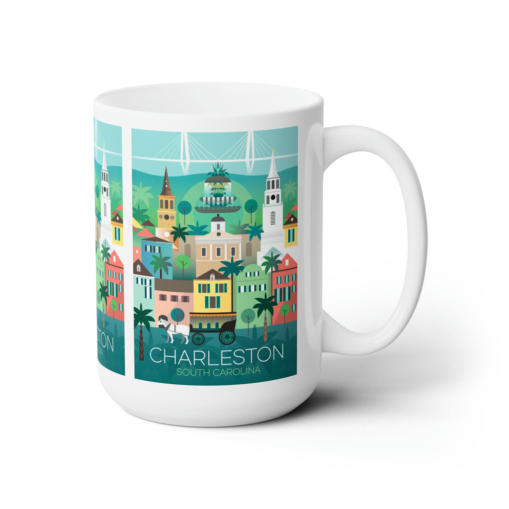 Charleston ceramic mug featuring colorful cityscape design, perfect for enjoying hot beverages.