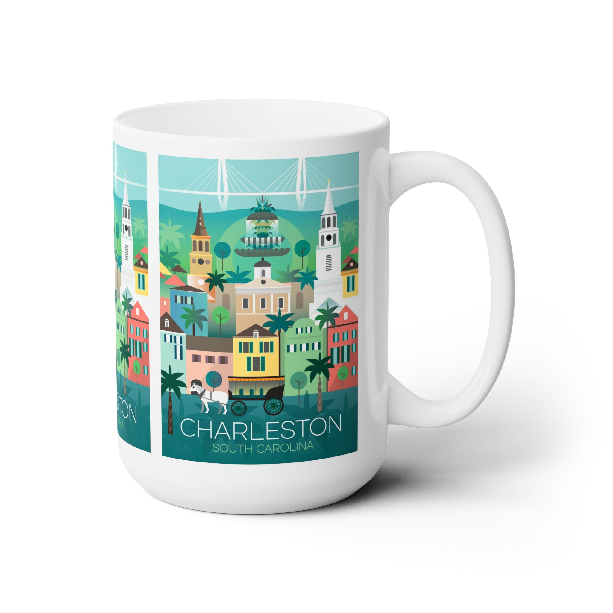 Charleston ceramic mug featuring colorful cityscape design, perfect for enjoying hot beverages.