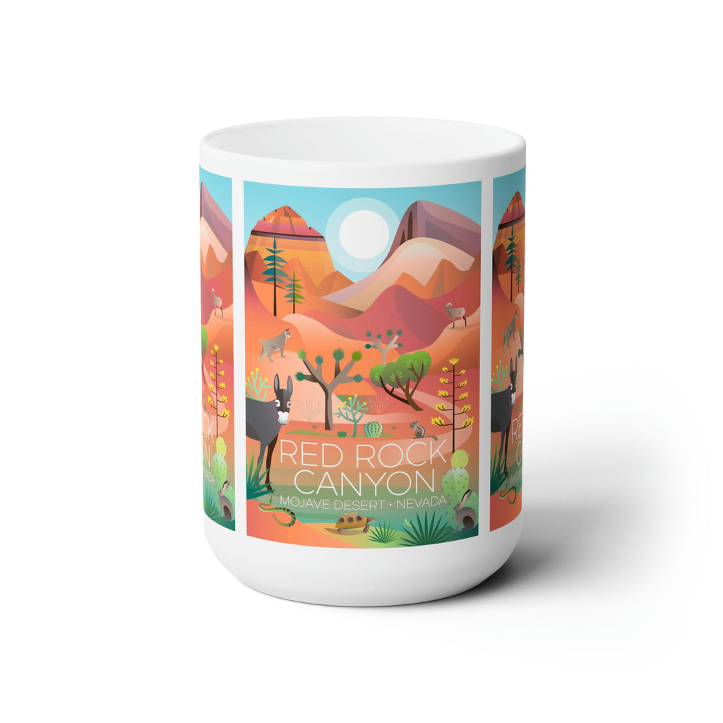 Red Rock Canyon ceramic mug featuring vibrant desert art for hot beverages, available in 11oz and 15oz sizes.