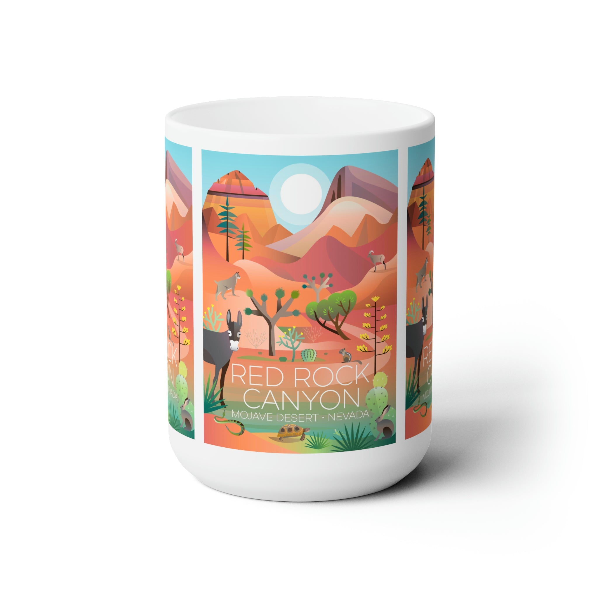 Red Rock Canyon ceramic mug featuring vibrant desert art for hot beverages, available in 11oz and 15oz sizes.