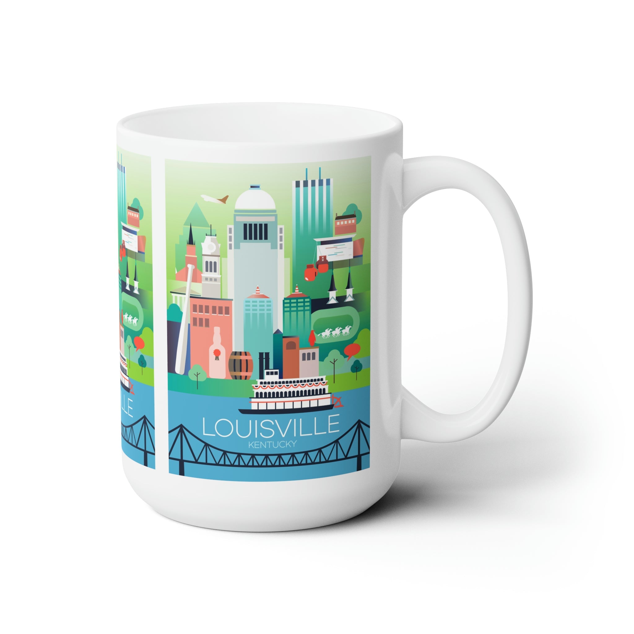 Louisville ceramic mug featuring a colorful cityscape design, perfect for enjoying hot beverages in style.