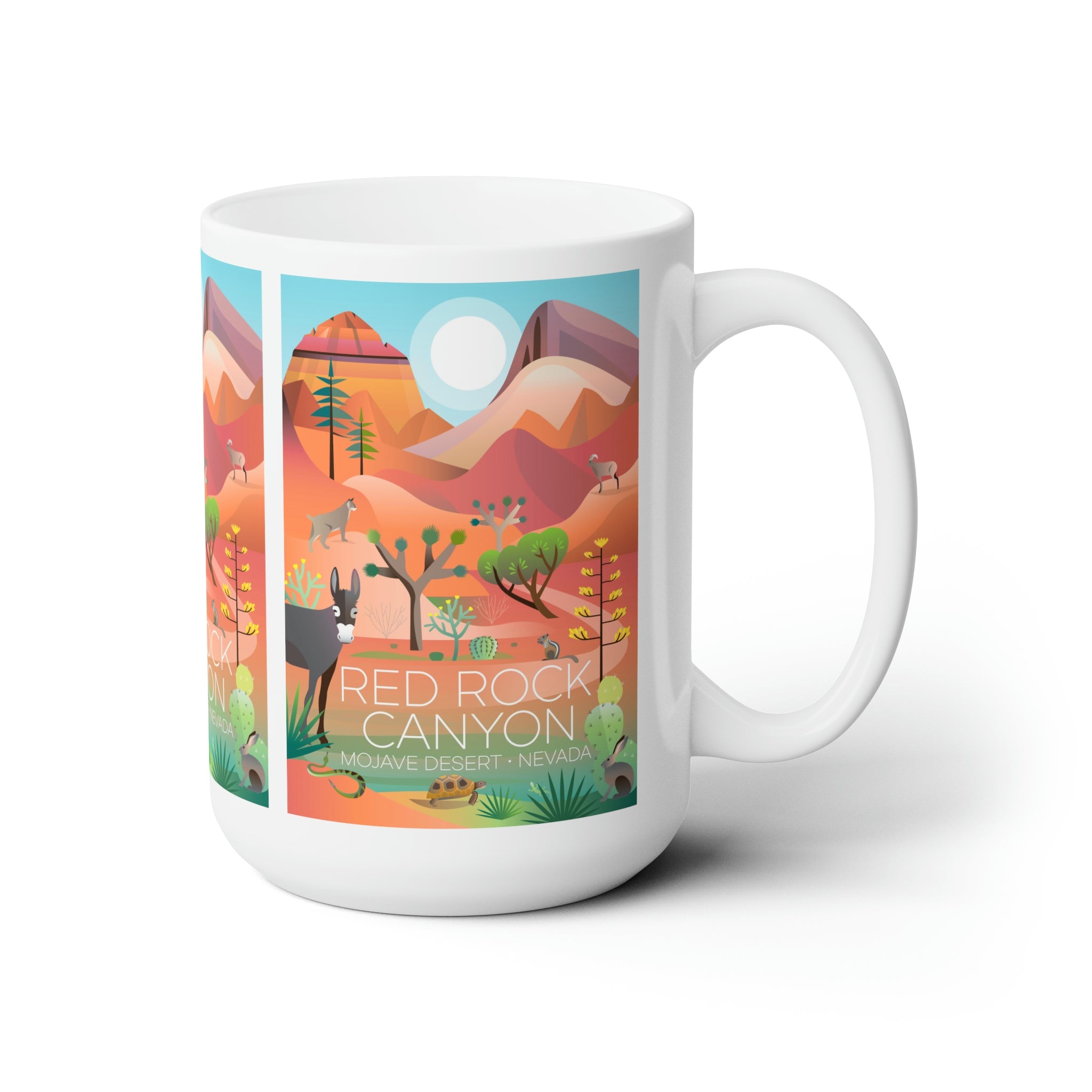 Red Rock Canyon ceramic mug featuring colorful desert landscape design, ideal for hot beverages, 11oz or 15oz sizes.