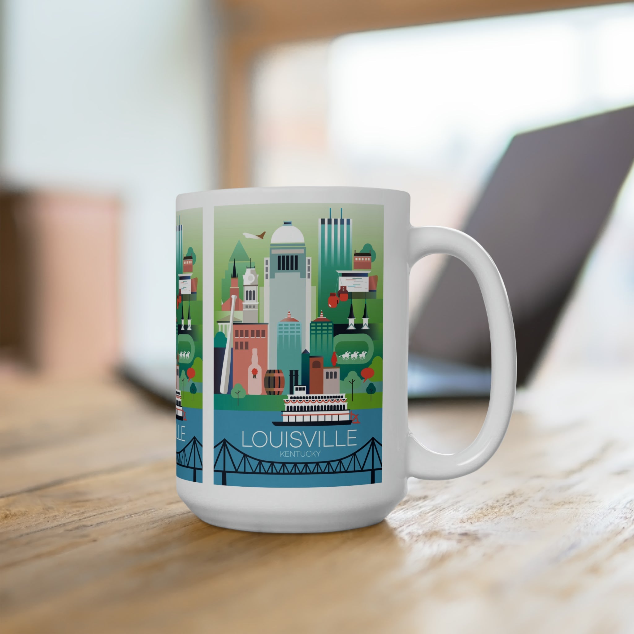 Louisville ceramic mug featuring a colorful city skyline design, perfect for coffee and tea lovers.