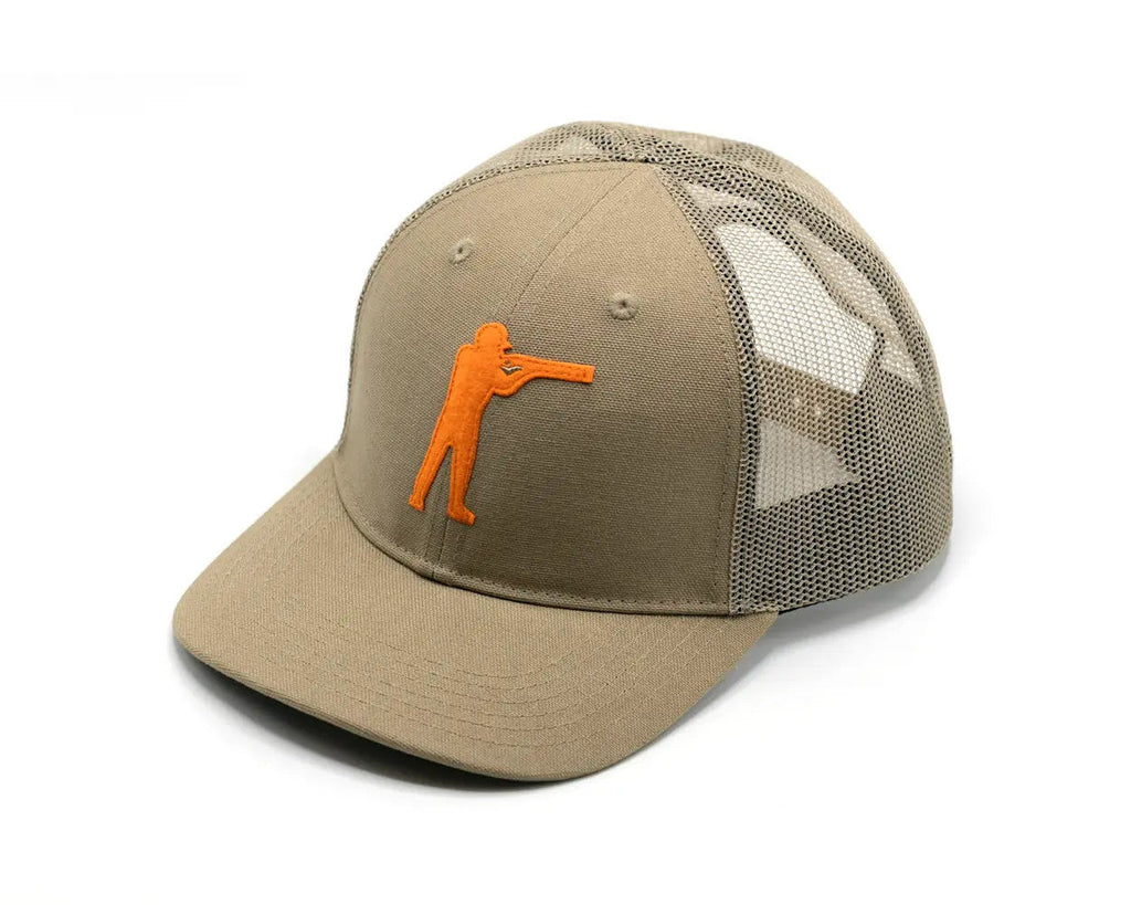 Arthur Core Snapback Hat in tan with orange logo, crafted from cotton canvas and mesh for a sporty look.