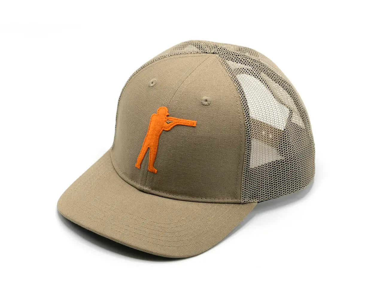 Arthur Core Snapback Hat in tan with orange logo, crafted from cotton canvas and mesh for a sporty look.
