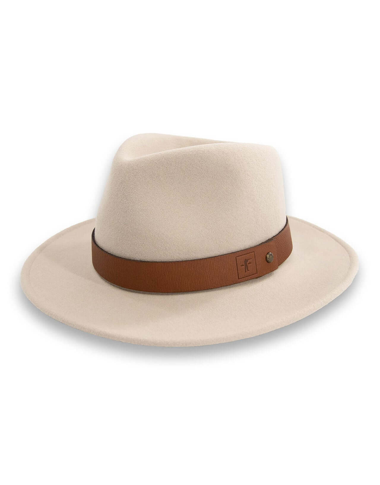 Brimmed Field Hat in beige felted wool with leather band, stylish and water-repellent, perfect for year-round wear.