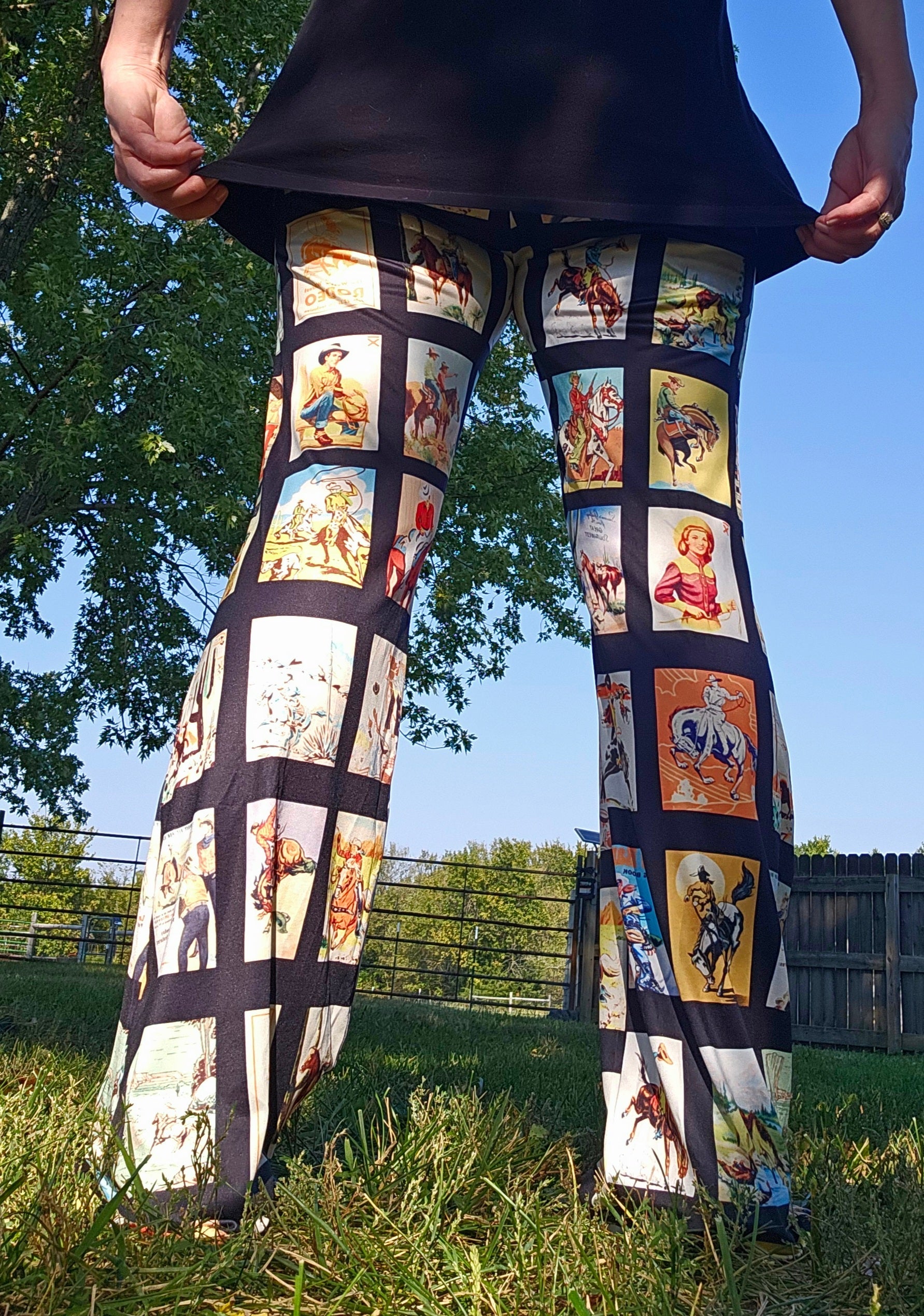 Vintage Cowboy Collage Western Flare Pants featuring nostalgic rodeo designs and a flattering high-rise fit.