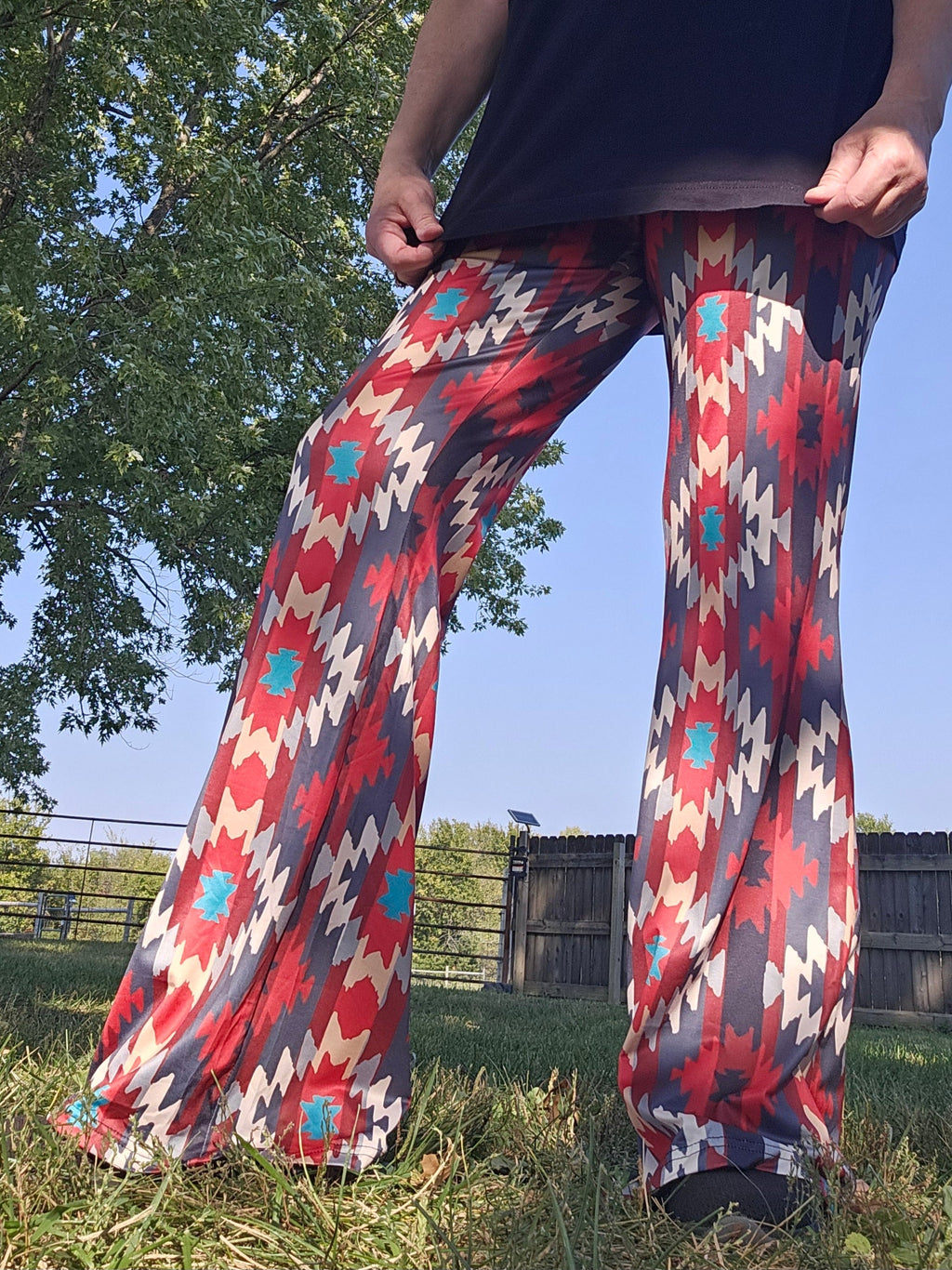 Sedona Aztec Flare Pants featuring vibrant southwestern patterns and a flattering high-waisted design, perfect for casual chic.