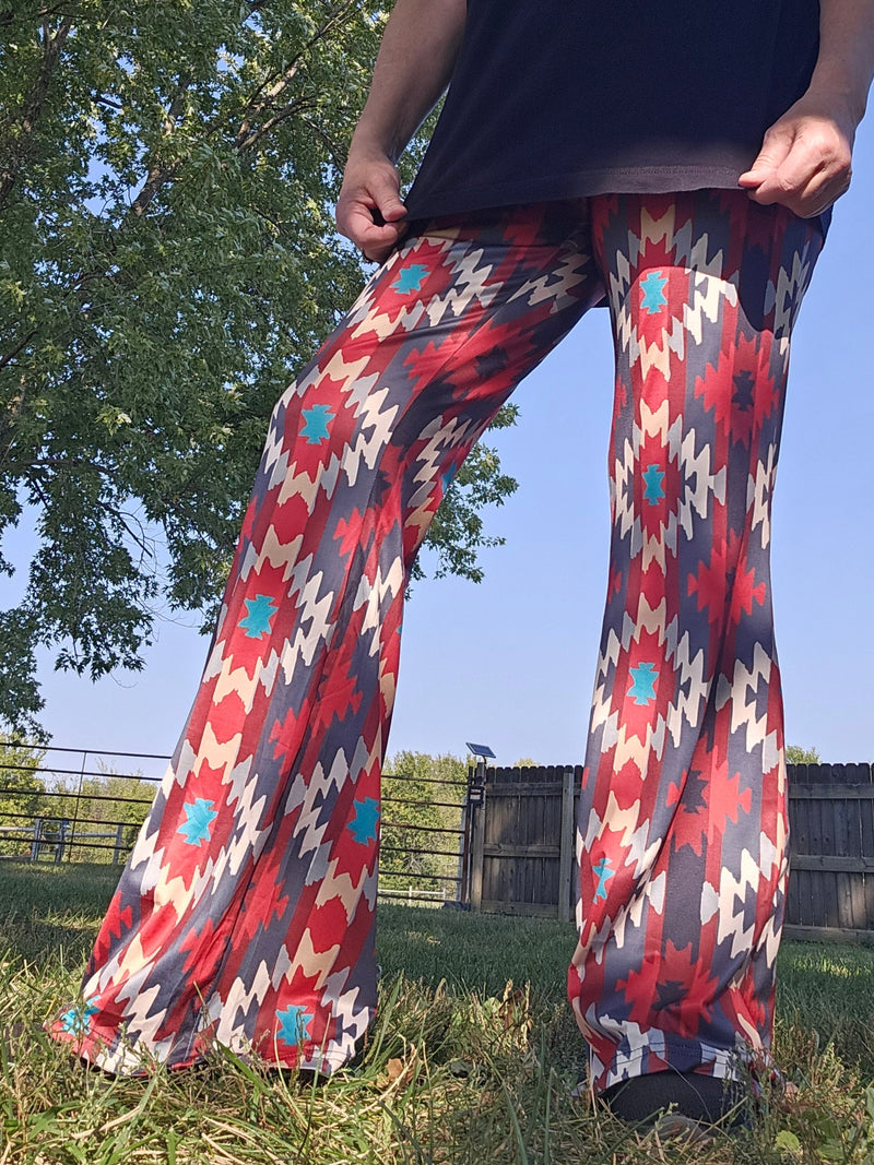 Sedona Aztec Flare Pants featuring vibrant southwestern patterns and a flattering high-waisted design, perfect for casual chic.