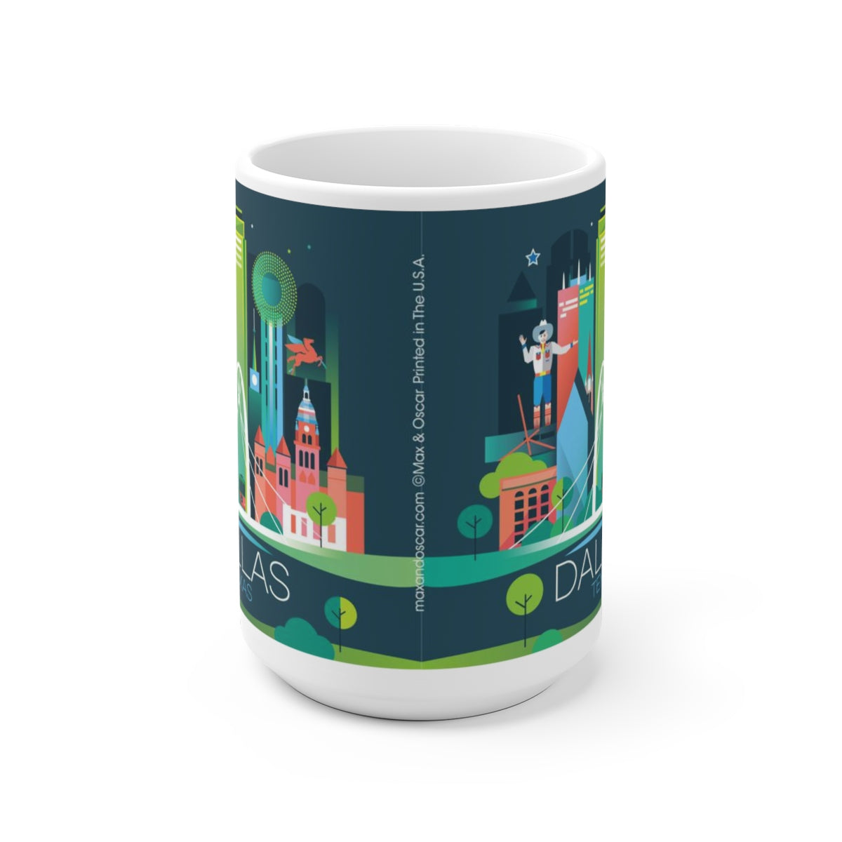 Colorful Dallas-themed ceramic mug showcasing iconic landmarks, perfect for hot beverages and a great gift.