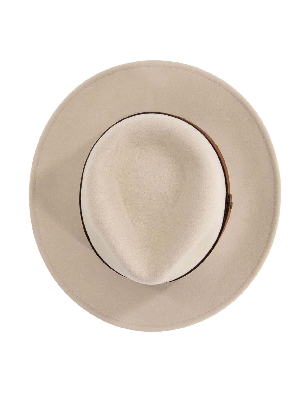 Top view of the Brimmed Field Hat made from felted wool, featuring a classic design with leather band and antique brass screw.
