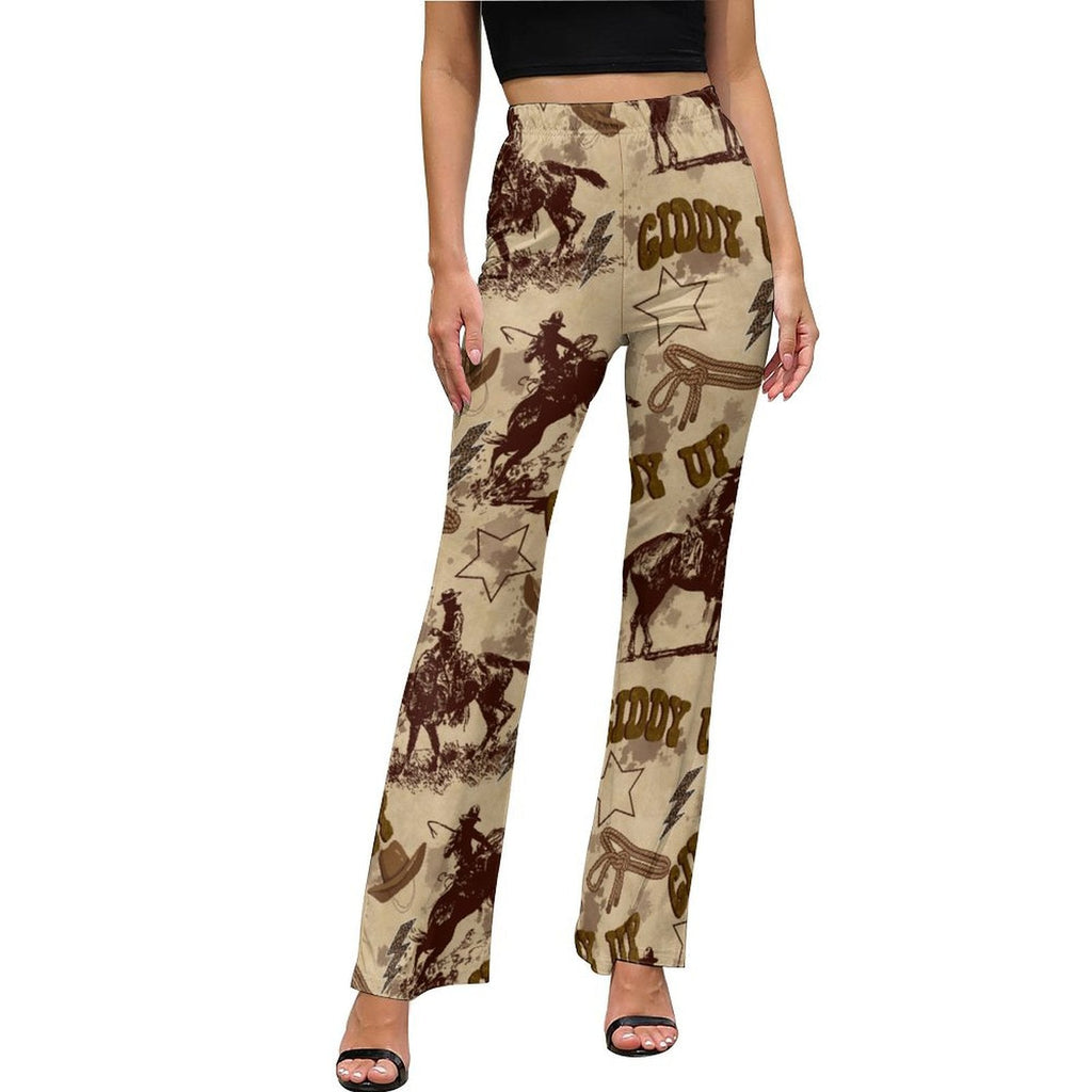Stylish Cowboy Ranch Flare Pants featuring a western print, high-waist design, perfect for modern cowgirls.
