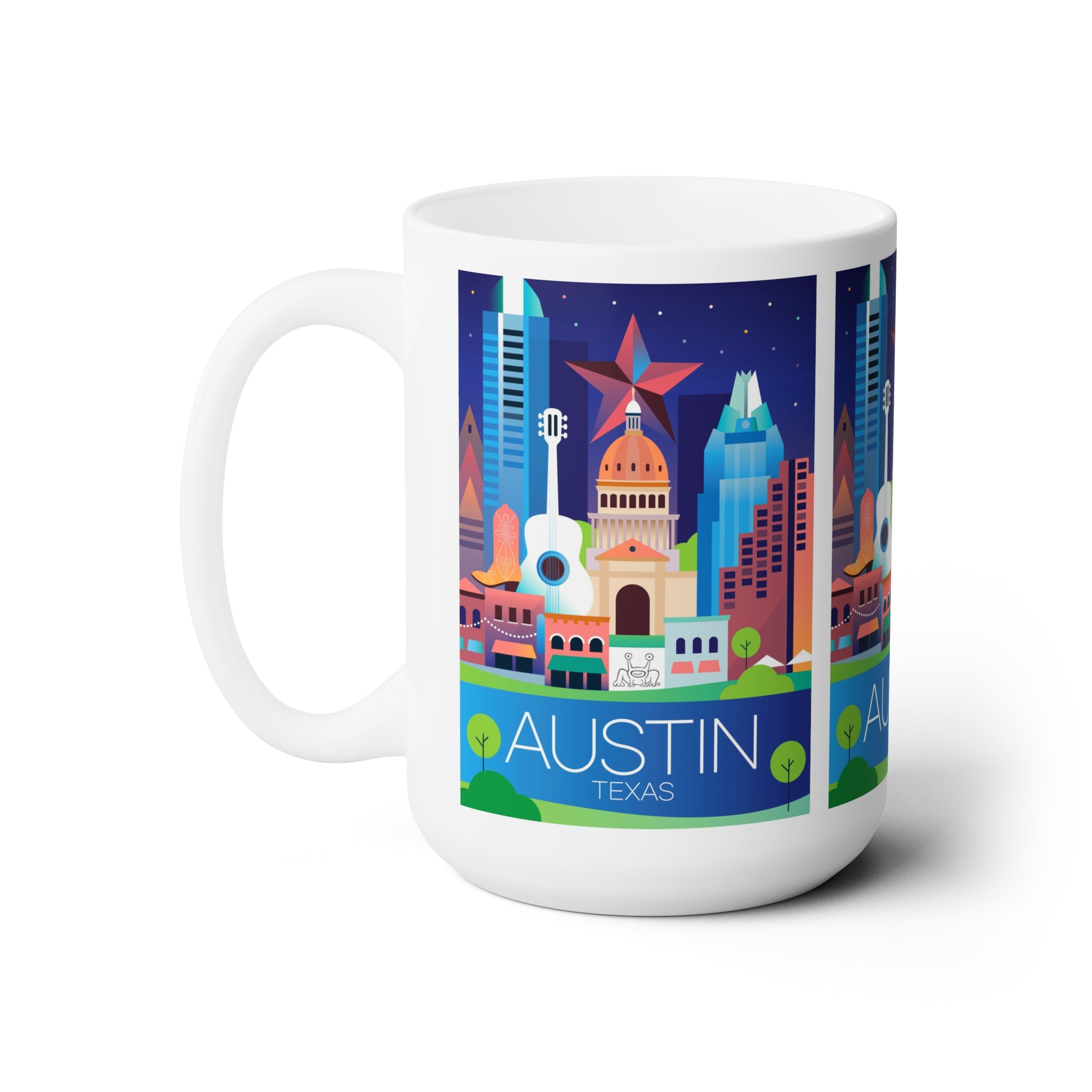 Austin ceramic mug featuring iconic Texas skyline design, perfect for hot beverages and as a gift for mug enthusiasts.
