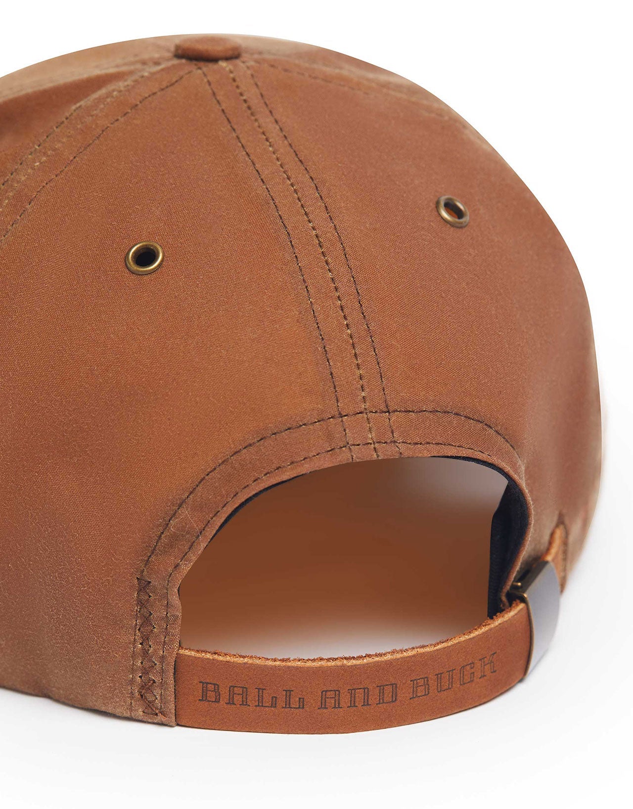 Close-up of the back of a Ball and Buck waxed cotton hat showcasing quality material and craftsmanship.