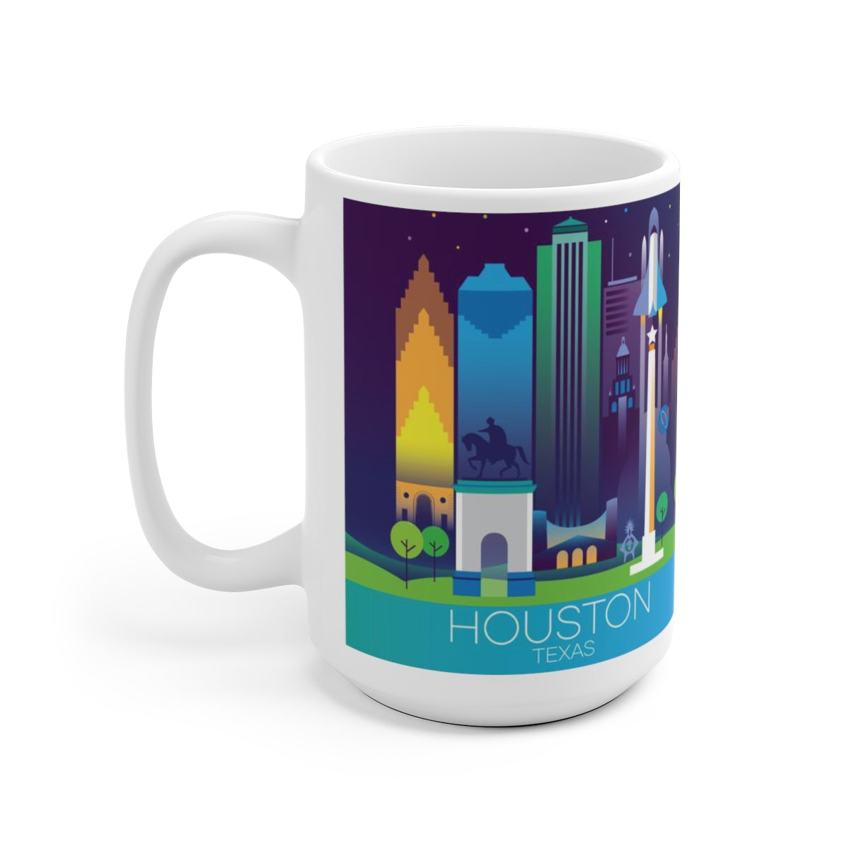 Colorful Houston-themed ceramic mug showcasing iconic city skyline, perfect for hot beverages.