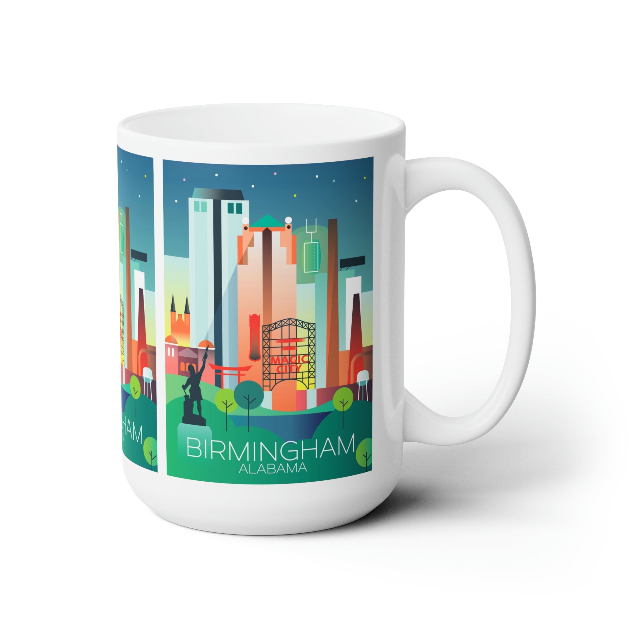 Birmingham ceramic mug featuring a vibrant city skyline design, perfect for hot beverages and gifting.