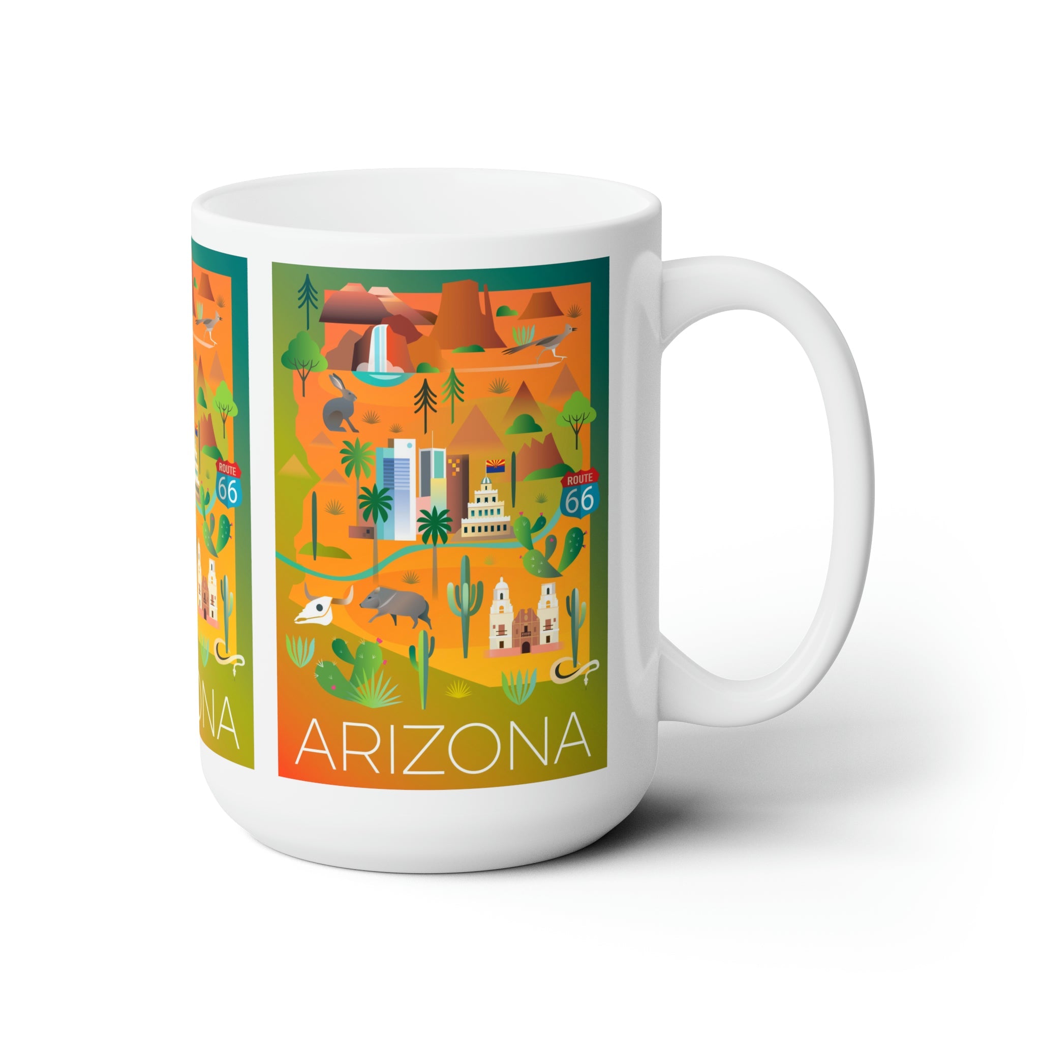 Arizona ceramic mug featuring colorful illustrations, perfect for hot beverages, available in 11oz and 15oz sizes.