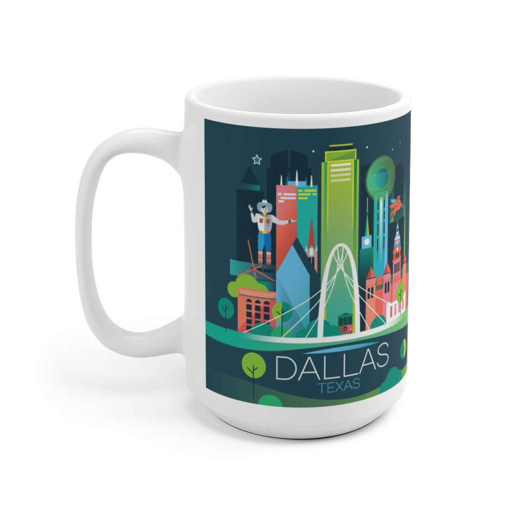 DALLAS ceramic mug featuring vibrant city skyline design, perfect for hot beverages and gift giving.