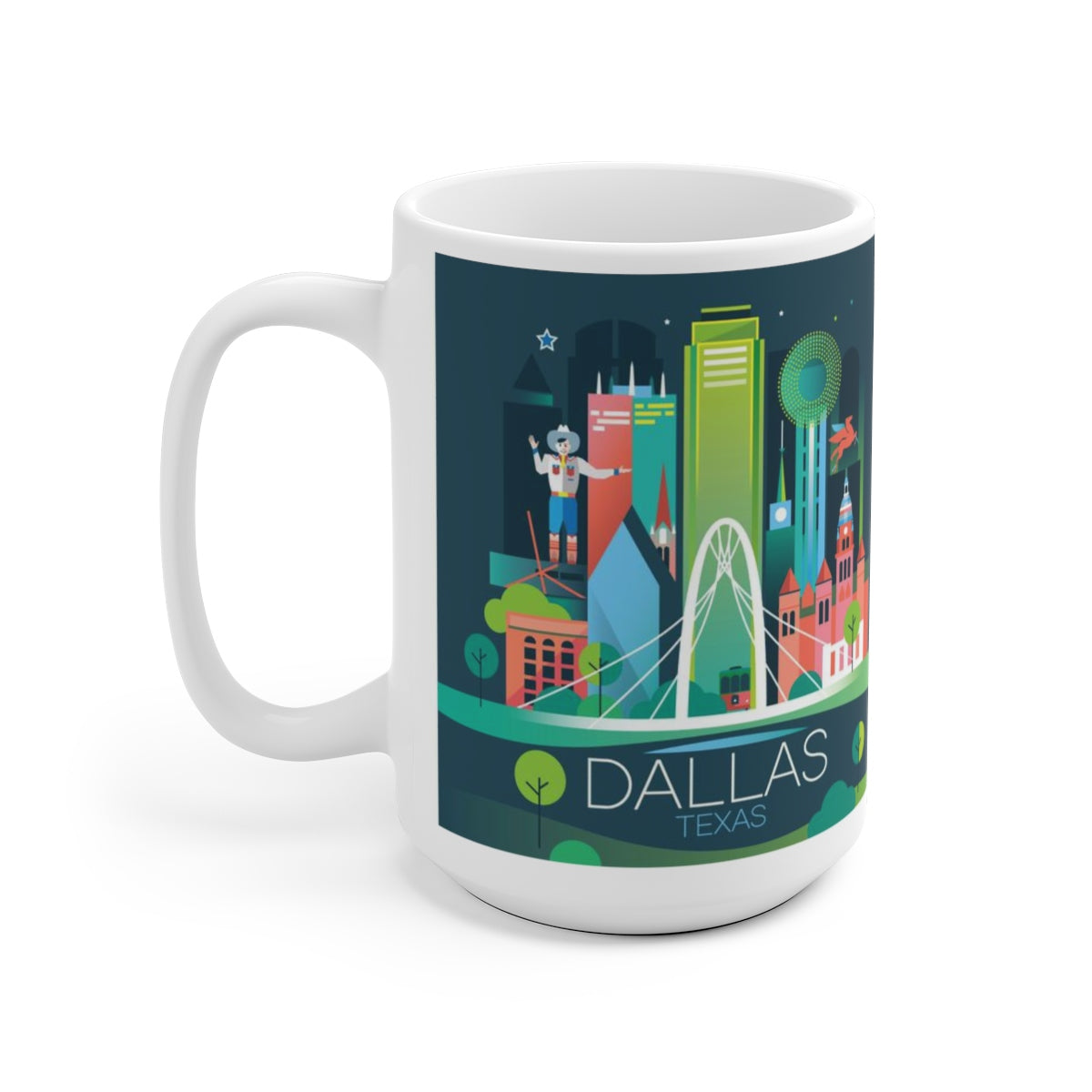 DALLAS ceramic mug featuring vibrant city skyline design, perfect for hot beverages and gift giving.