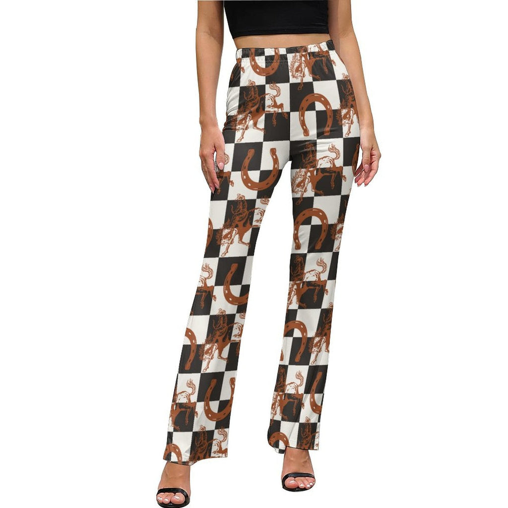 Checkered Rodeo Flare Pants showcasing Western style and modern comfort, featuring a high-waisted fit and dramatic flares.