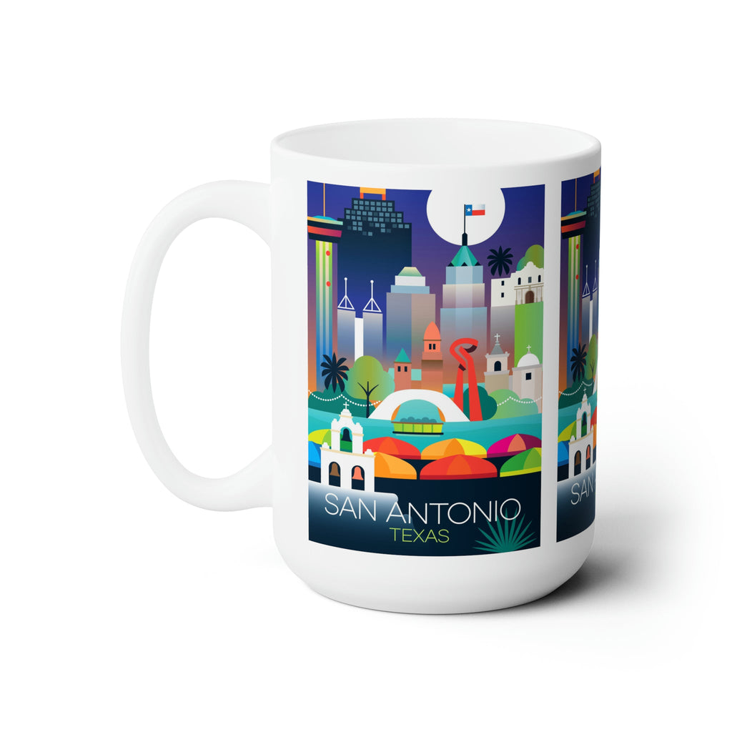 San Antonio ceramic mug featuring colorful cityscape design, perfect for hot beverages, custom printed, 11oz or 15oz size.